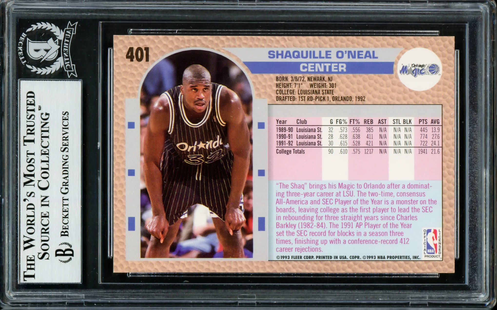 Shaquille Shaq O'Neal Autographed 1992-93 Fleer Rookie Card #401 Orlando Magic Thin Signature Beckett BAS Stock #211215 - Image 2