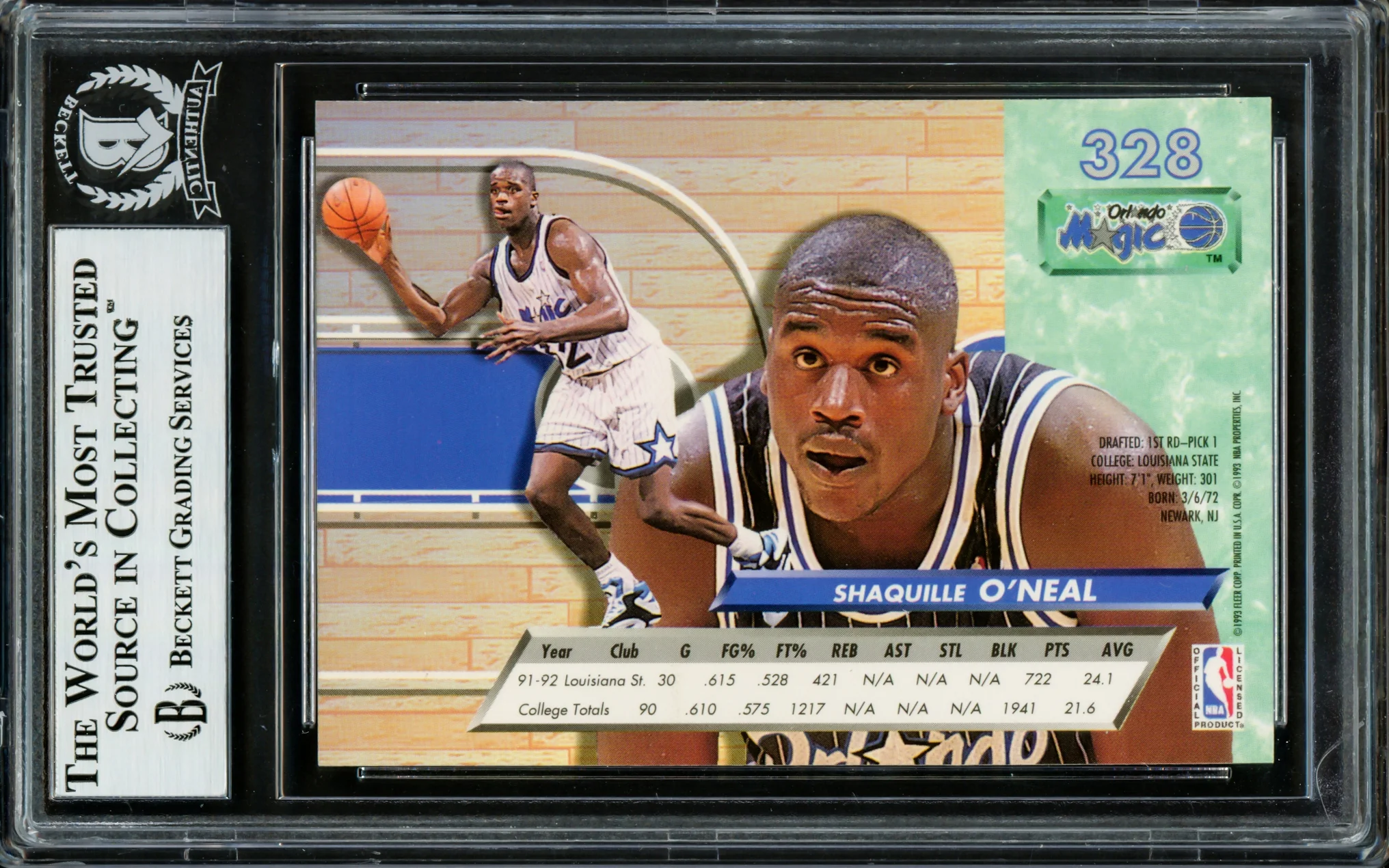 Shaquille Shaq O'Neal Autographed 1992-93 Fleer Ultra Rookie Card #328 Orlando Magic Beckett BAS Stock #211217 - Image 2