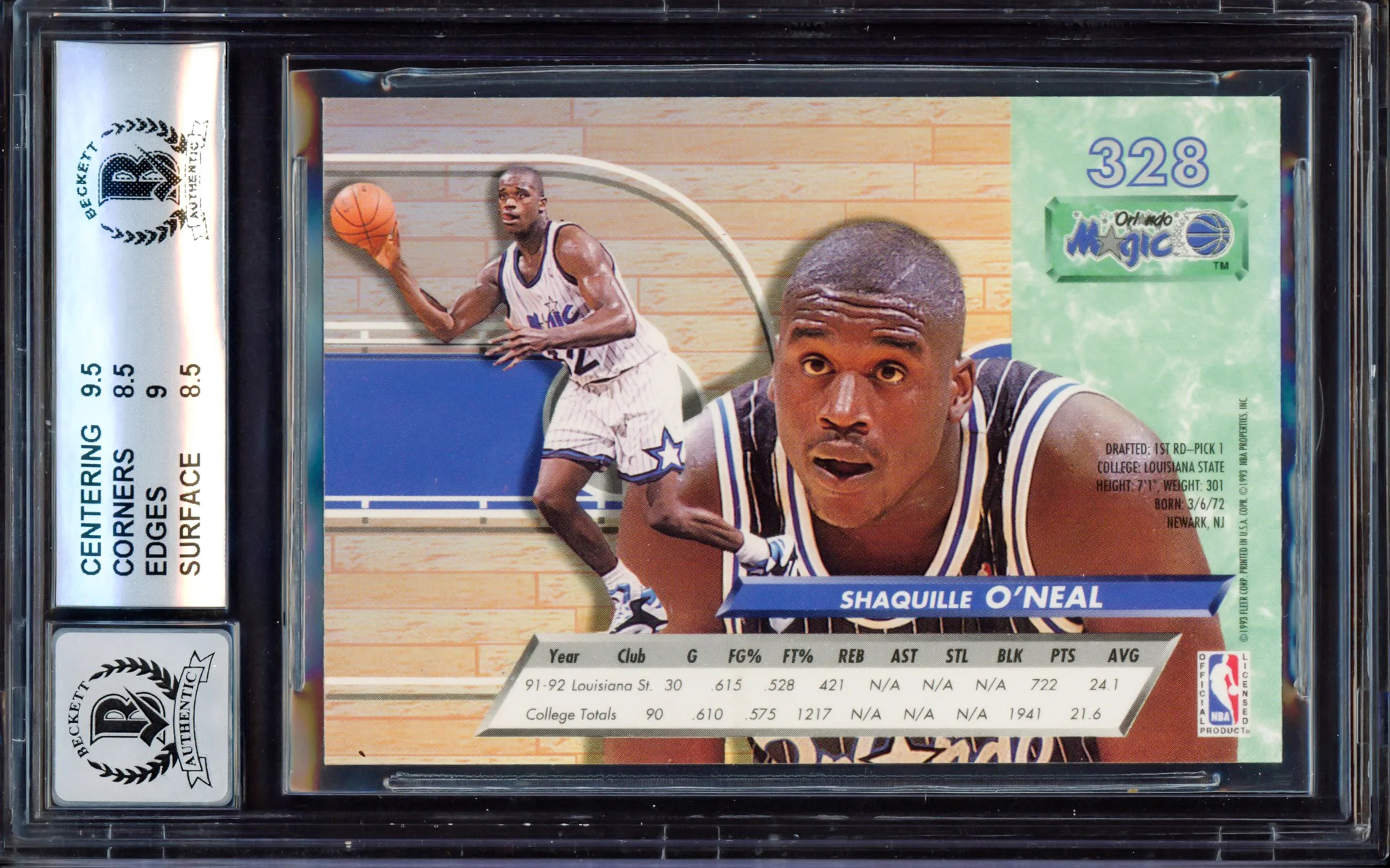 Shaquille "Shaq" O'Neal Autographed 1992-93 Fleer Ultra Rookie Card #328 Orlando Magic BGS 8.5 Auto Grade Gem Mint 10 Beckett BAS Stock #214855 - Image 2
