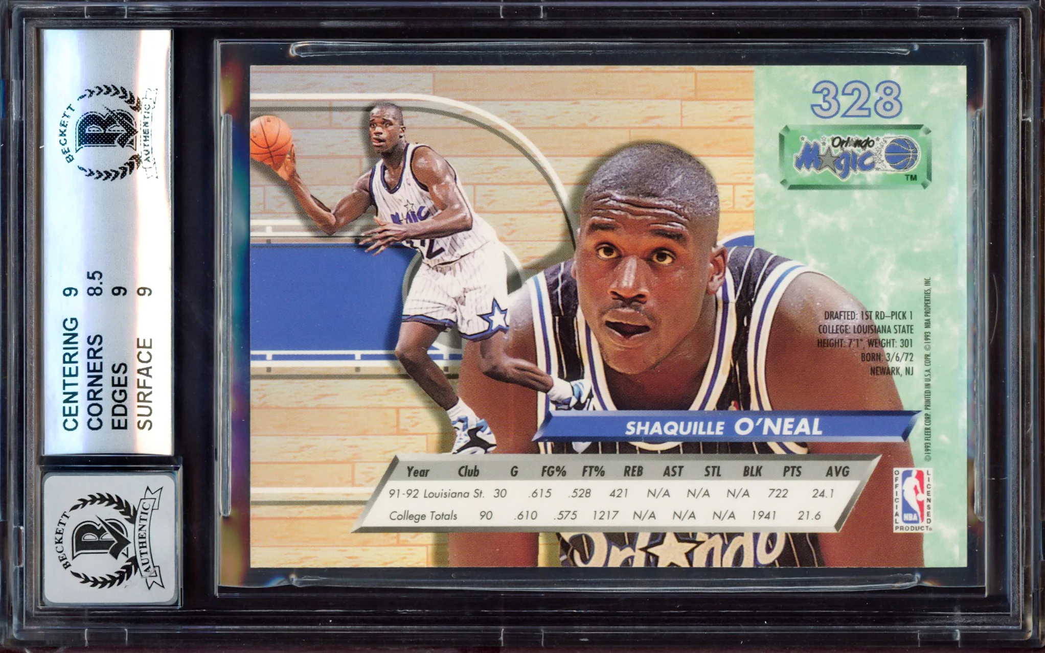 Shaquille "Shaq" O'Neal Autographed 1992-93 Fleer Ultra Rookie Card #328 Orlando Magic BGS 9 Auto Grade Gem Mint 10 Beckett BAS Stock #214854 - Image 2