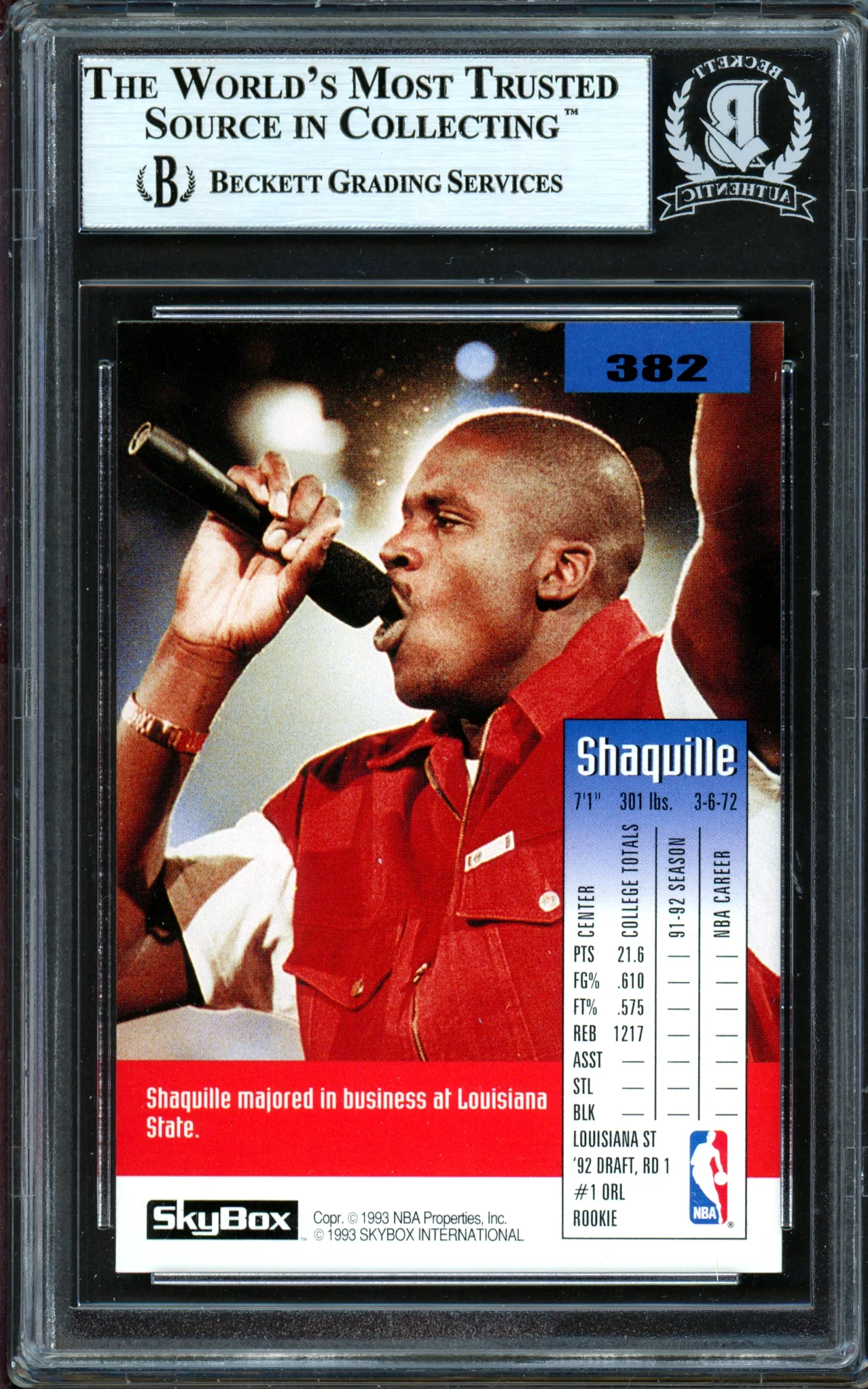 Shaquille Shaq O'Neal Autographed 1992-93 Skybox Rookie Card #382 Orlando Magic Beckett BAS #13446801 - Image 2