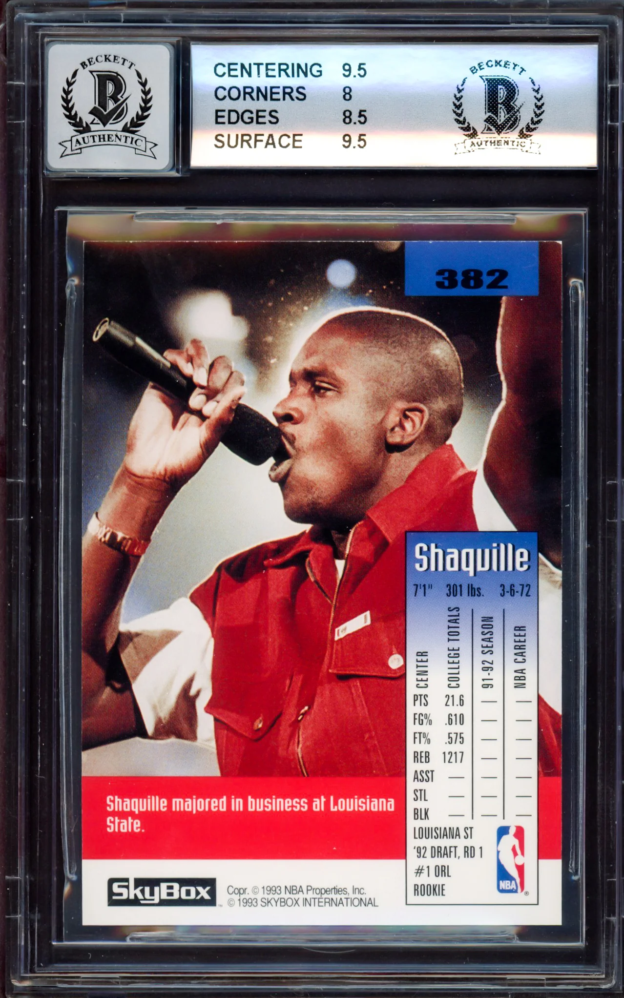 Shaquille "Shaq" O'Neal Autographed 1992-93 Skybox Rookie Card #382 Orlando Magic BGS 8.5 Auto Grade Gem Mint 10 Beckett BAS Stock #214858 - Image 2