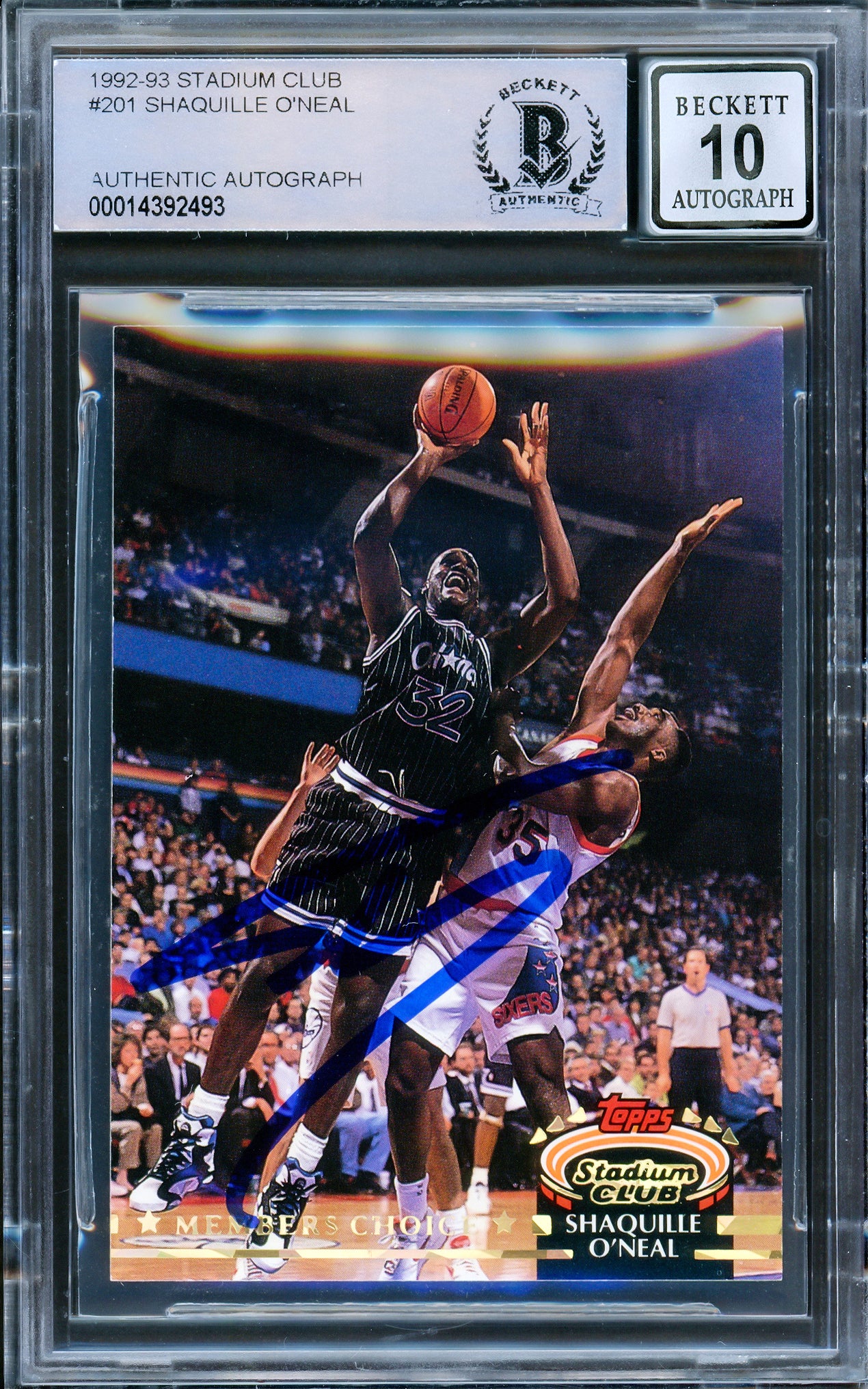 Shaquille Shaq O'Neal Autographed 1992-93 Stadium Club Members Choice Rookie Card #201 Orlando Magic Auto Grade Gem Mint 10 Beckett BAS Stock #206814