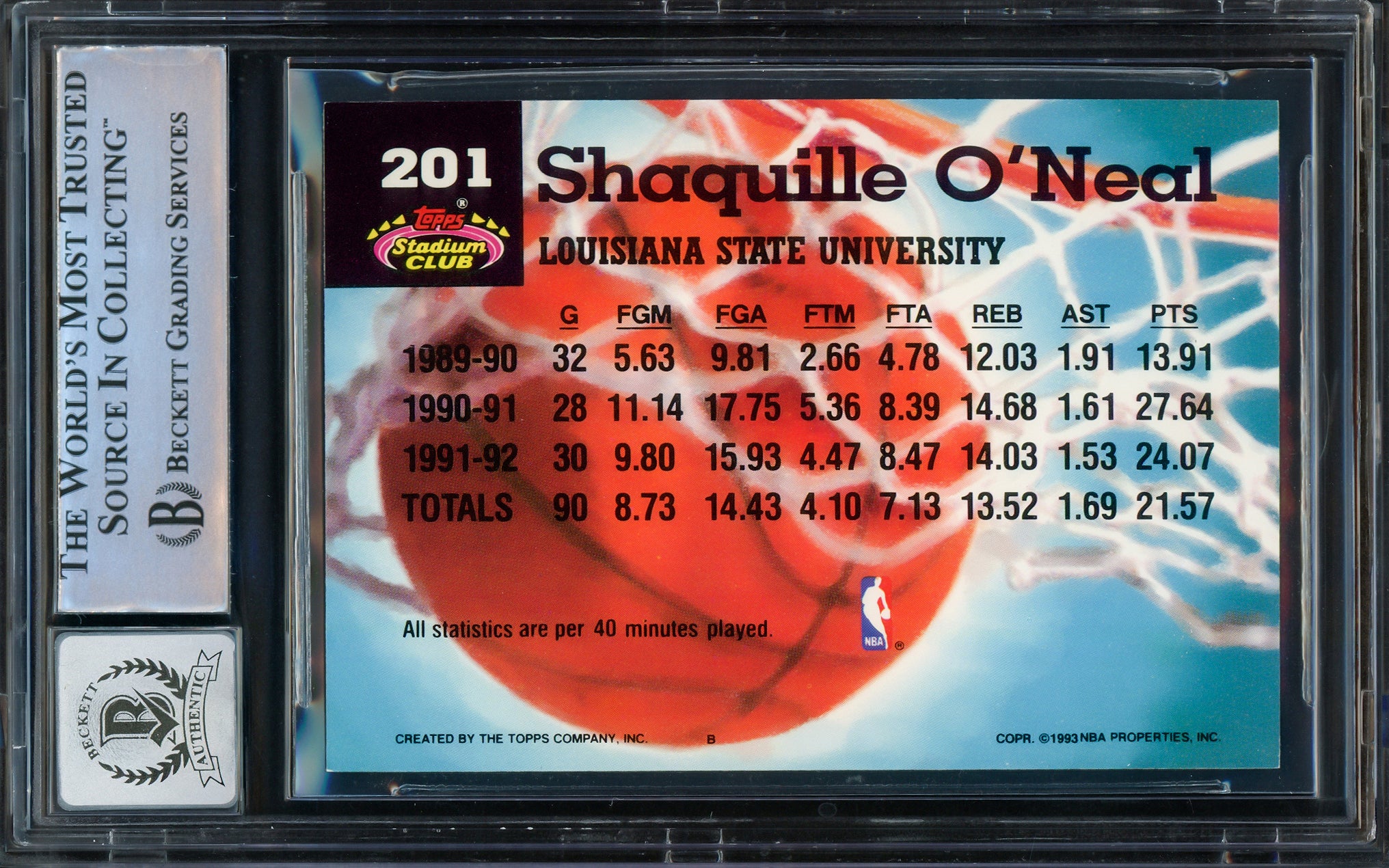 Shaquille Shaq O'Neal Autographed 1992-93 Stadium Club Members Choice Rookie Card #201 Orlando Magic Auto Grade Gem Mint 10 Beckett BAS Stock #206814 - Image 2