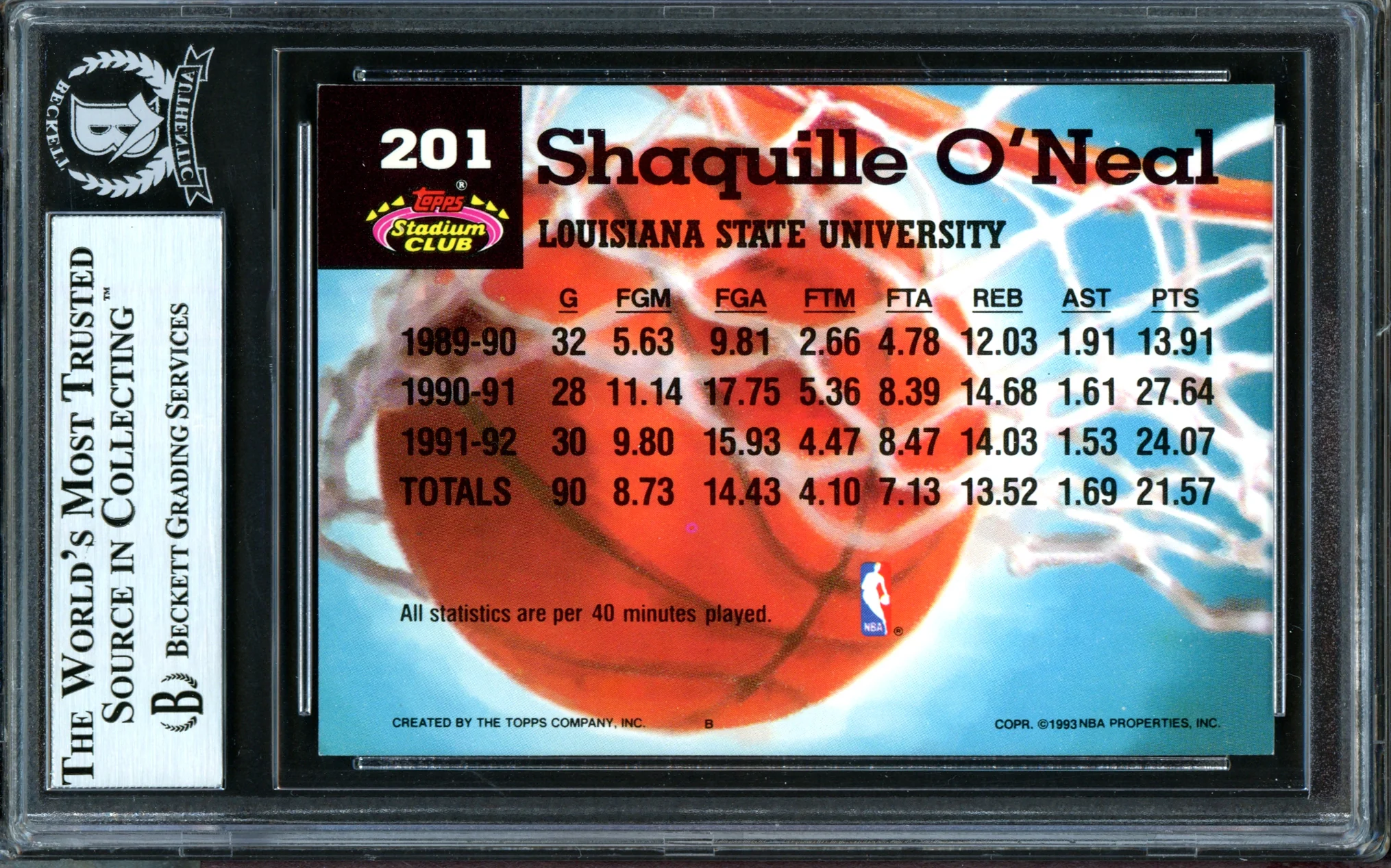 Shaquille Shaq O'Neal Autographed 1992-93 Stadium Club Members Choice Rookie Card #201 Orlando Magic Beckett BAS #13446802 - Image 2