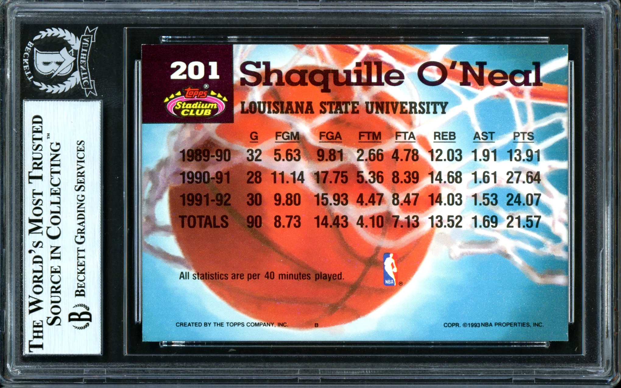 Shaquille Shaq O'Neal Autographed 1992-93 Stadium Club Members Choice Rookie Card #201 Orlando Magic Beckett BAS #13446805 - Image 2
