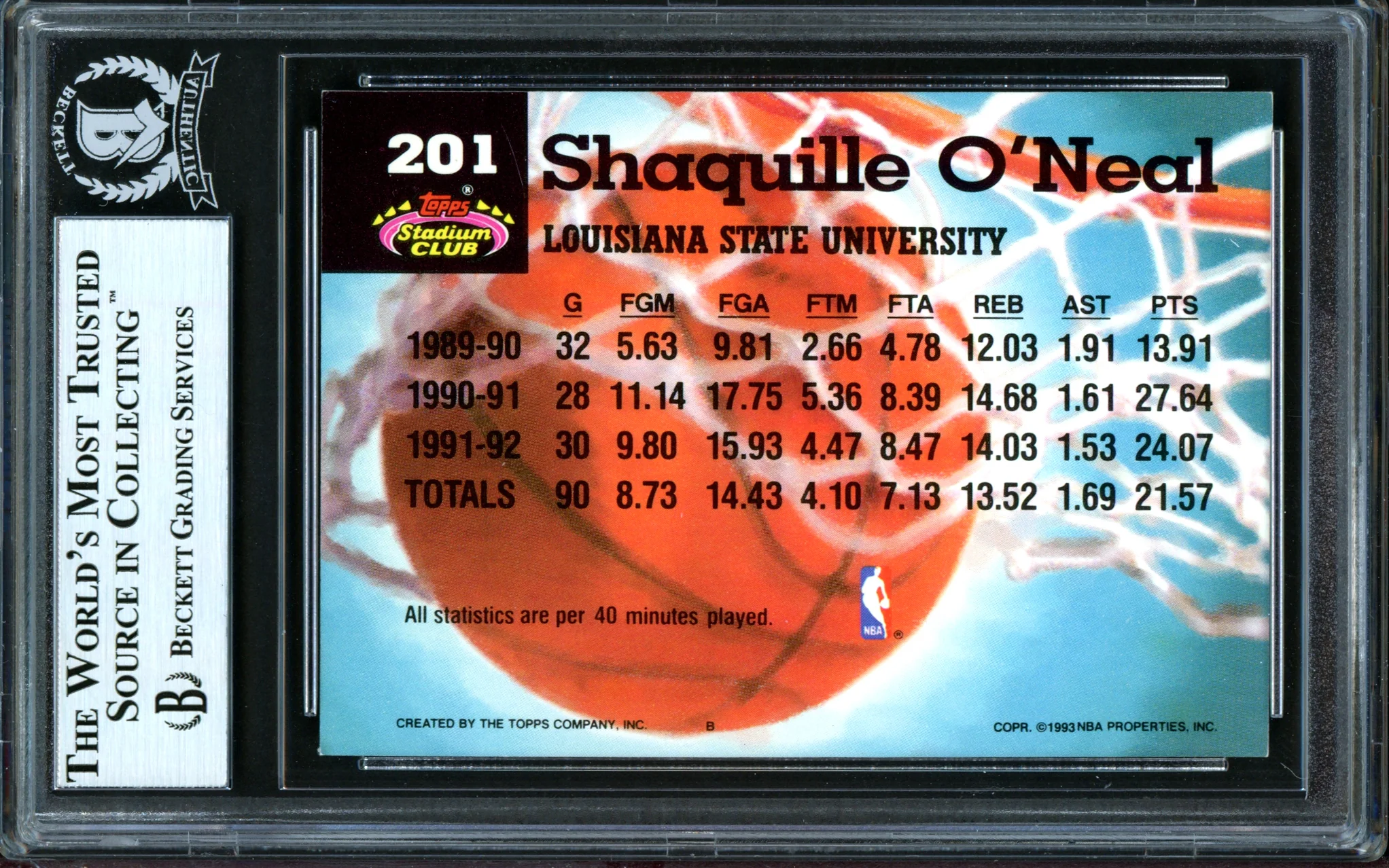 Shaquille Shaq O'Neal Autographed 1992-93 Stadium Club Members Choice Rookie Card #201 Orlando Magic Beckett BAS #13446806 - Image 2