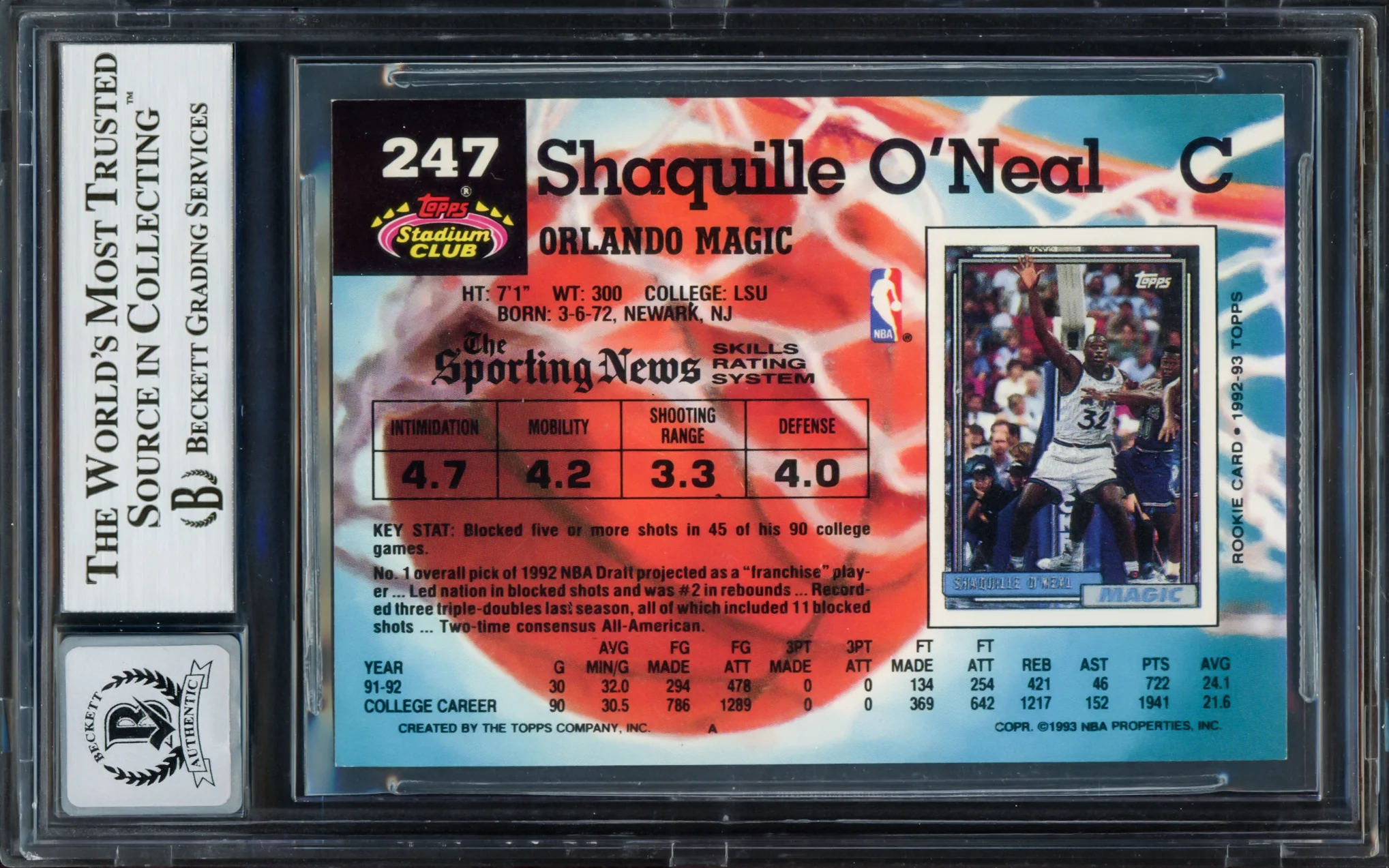 Shaquille O'Neal Autographed 1992-93 Stadium Club Rookie Card #247 Orlando Magic Auto Grade Gem Mint 10 Beckett BAS Stock #220148 - Image 2