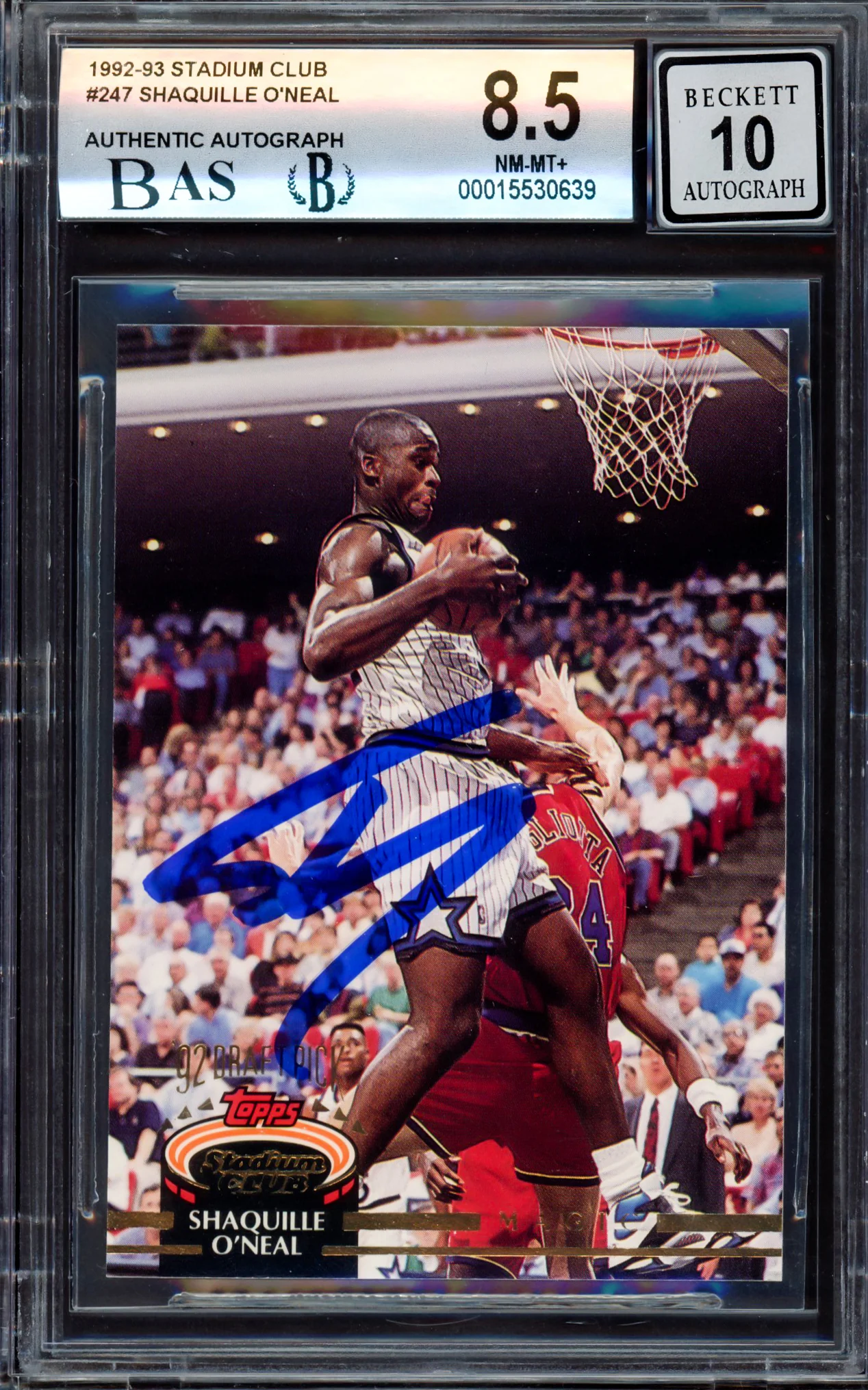 Shaquille Shaq O'Neal Autographed 1992-93 Stadium Club Rookie Card #247 Orlando Magic BGS 8.5 Auto Grade Gem Mint 10 Beckett BAS #15530639