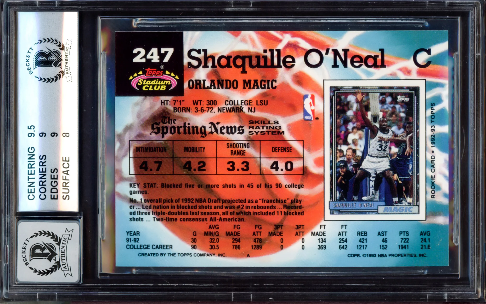 Shaquille Shaq O'Neal Autographed 1992-93 Stadium Club Rookie Card #247 Orlando Magic BGS 8.5 Auto Grade Gem Mint 10 Beckett BAS #15530639 - Image 2