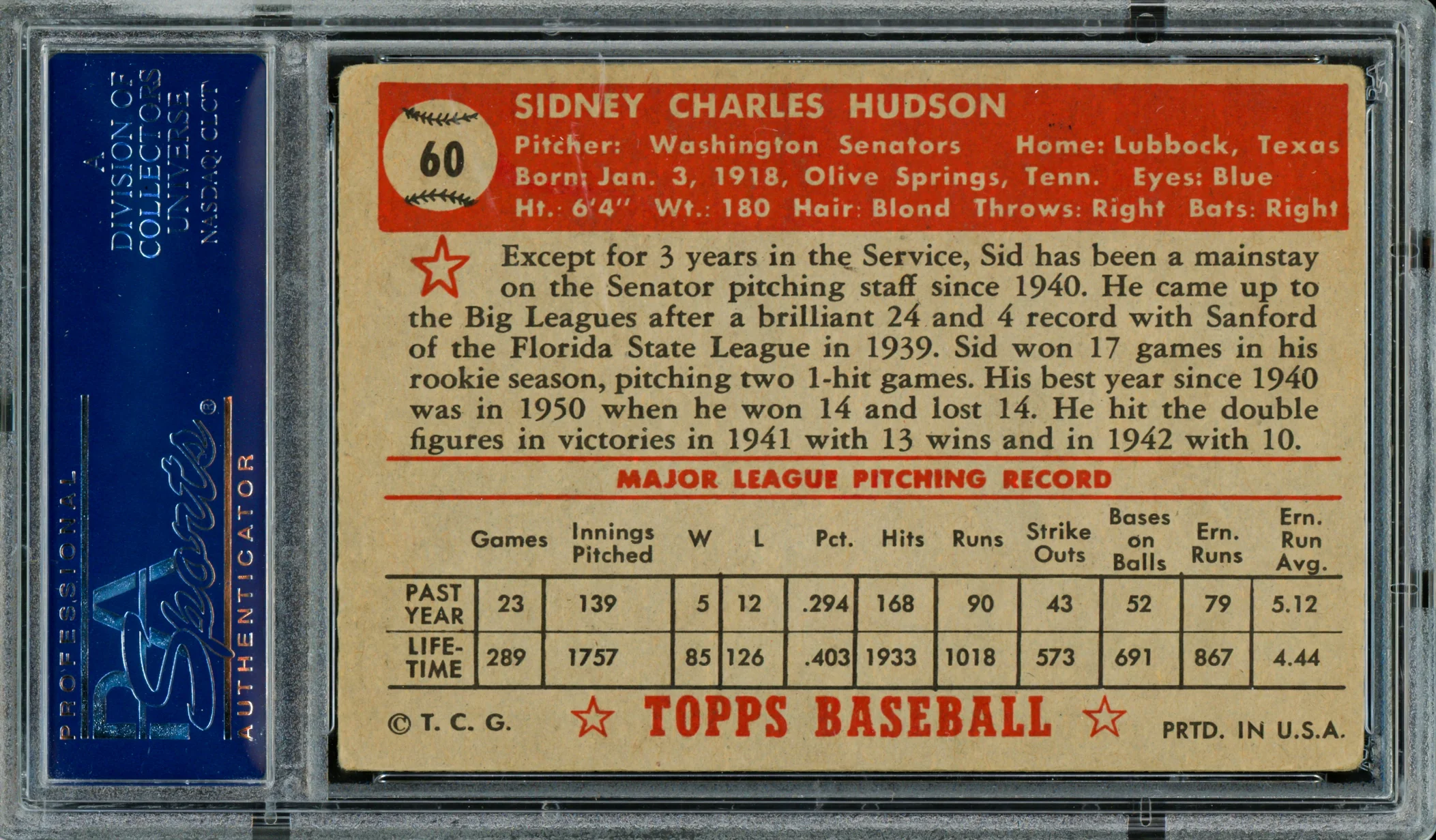 Sid Hudson Autographed 1952 Topps Card #60 Washington Senators PSA/DNA #83313463 - Image 2