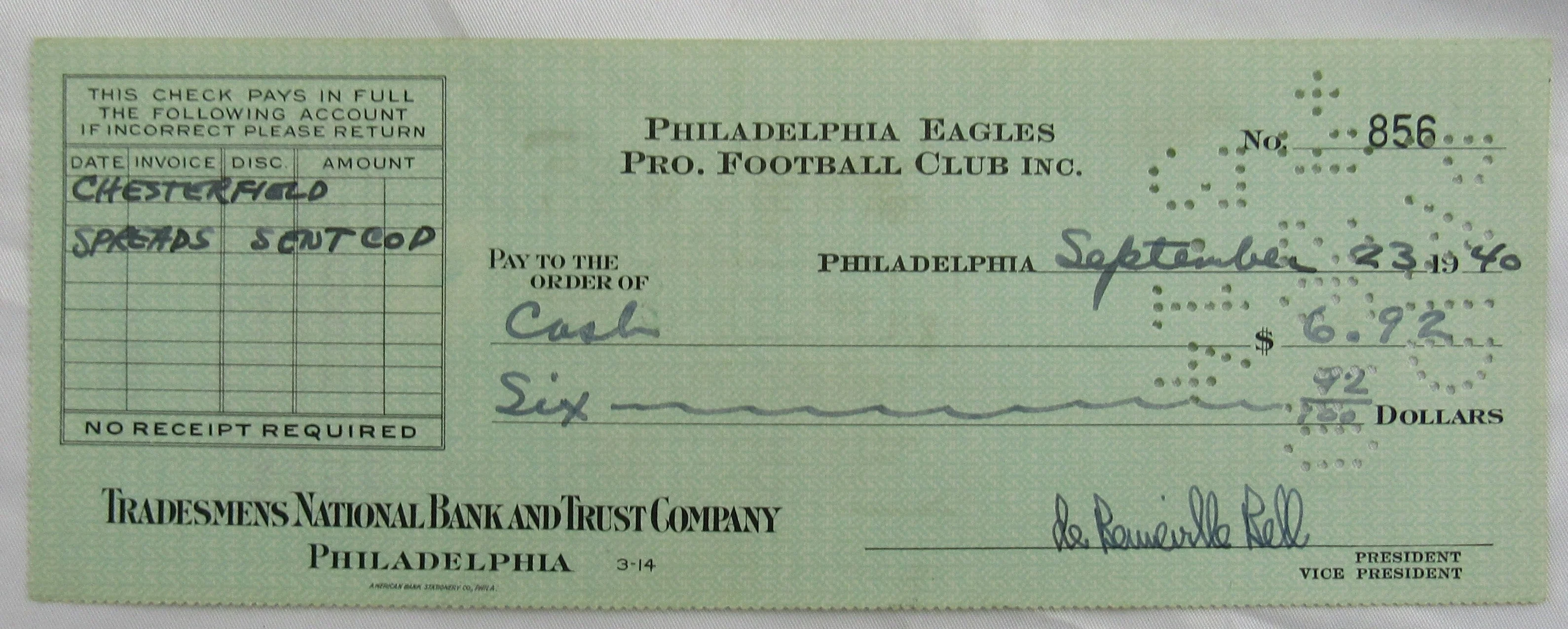 Bert Bell Multi Signed Auto Eagles Check JSA CM07467