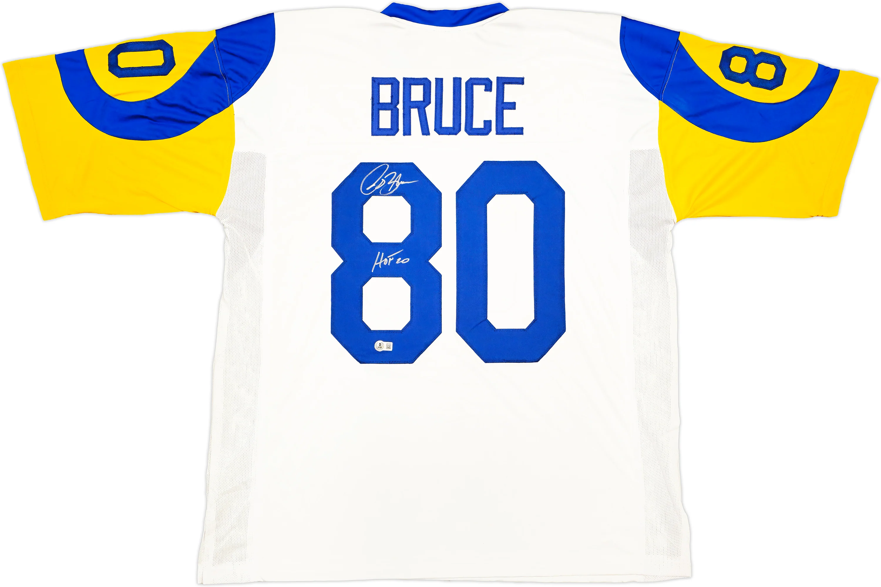 St. Louis Rams Isaac Bruce Autographed White Jersey "HOF 20" Beckett BAS Witness Stock #230163 - Image 2