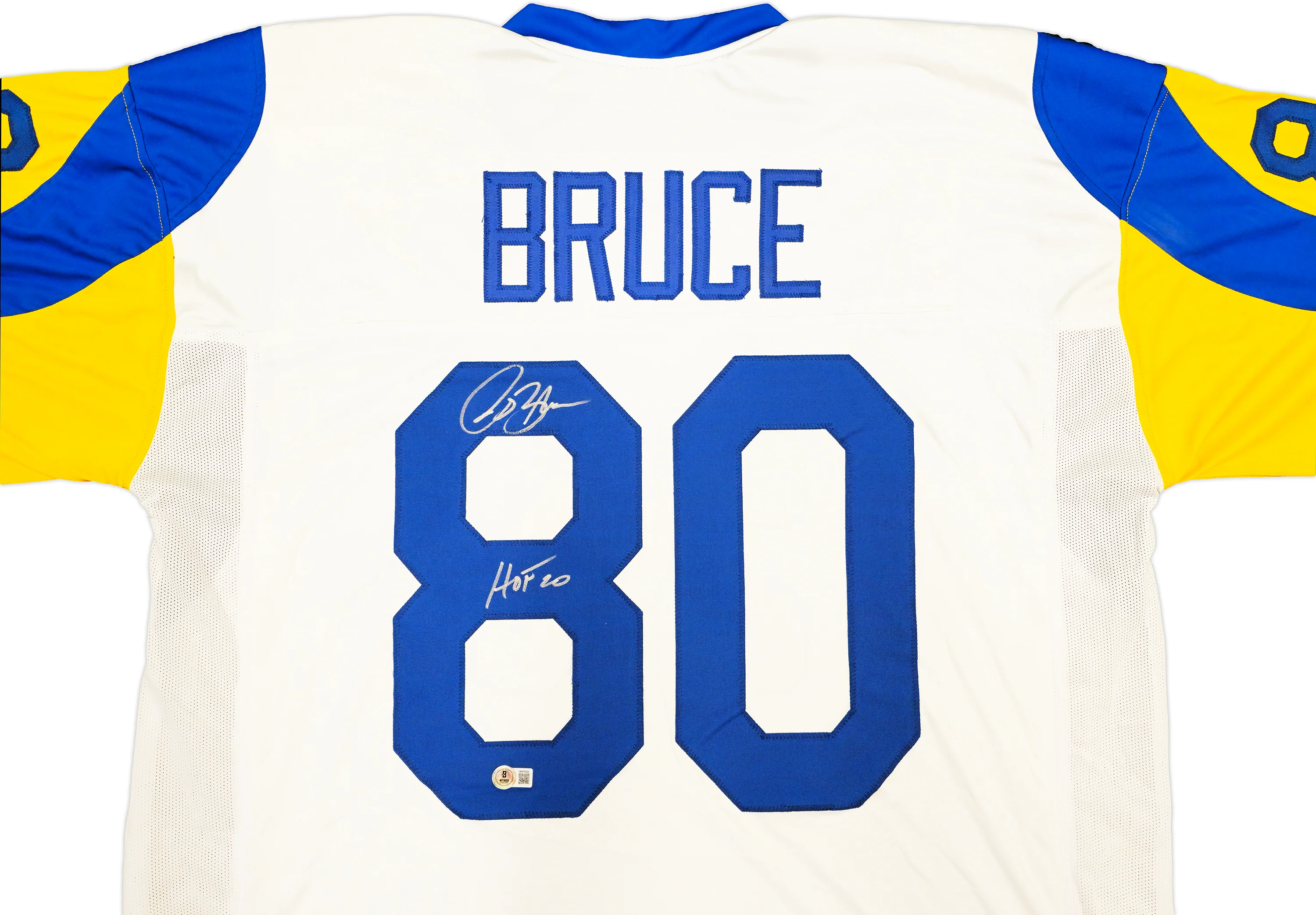 St. Louis Rams Isaac Bruce Autographed White Jersey "HOF 20" Beckett BAS Witness Stock #230163 - Image 3