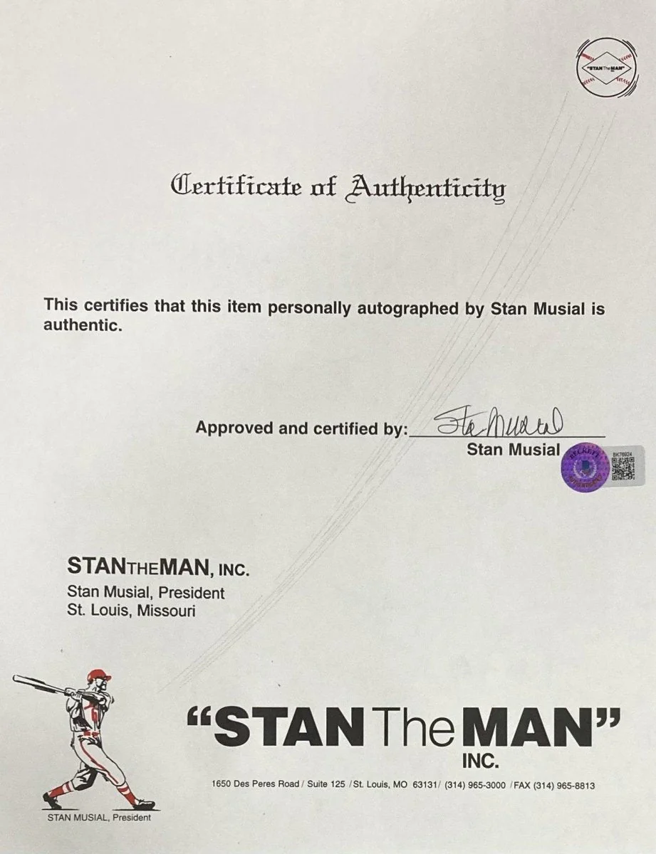 Stan Musial St. Louis Cardinals Signed Musial Certificate Of Authenticity 2 BAS