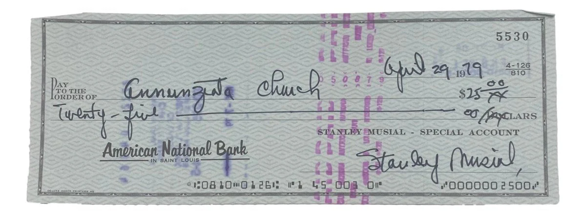 Stan Musial St. Louis Cardinals Signed Bank Check #5530 BAS