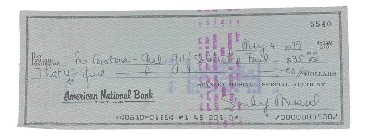 Stan Musial St. Louis Cardinals Signed Bank Check #5540 BAS