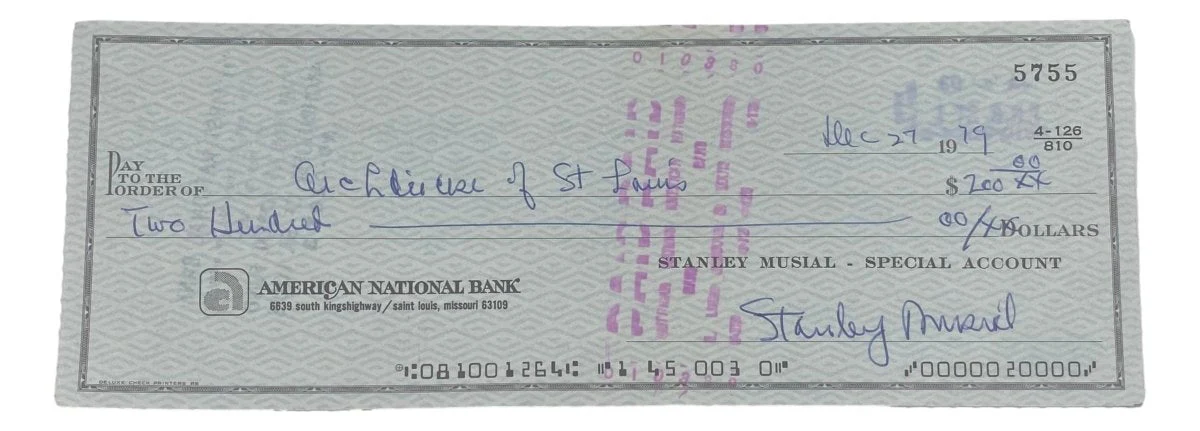 Stan Musial St. Louis Cardinals Signed Bank Check #5755 BAS