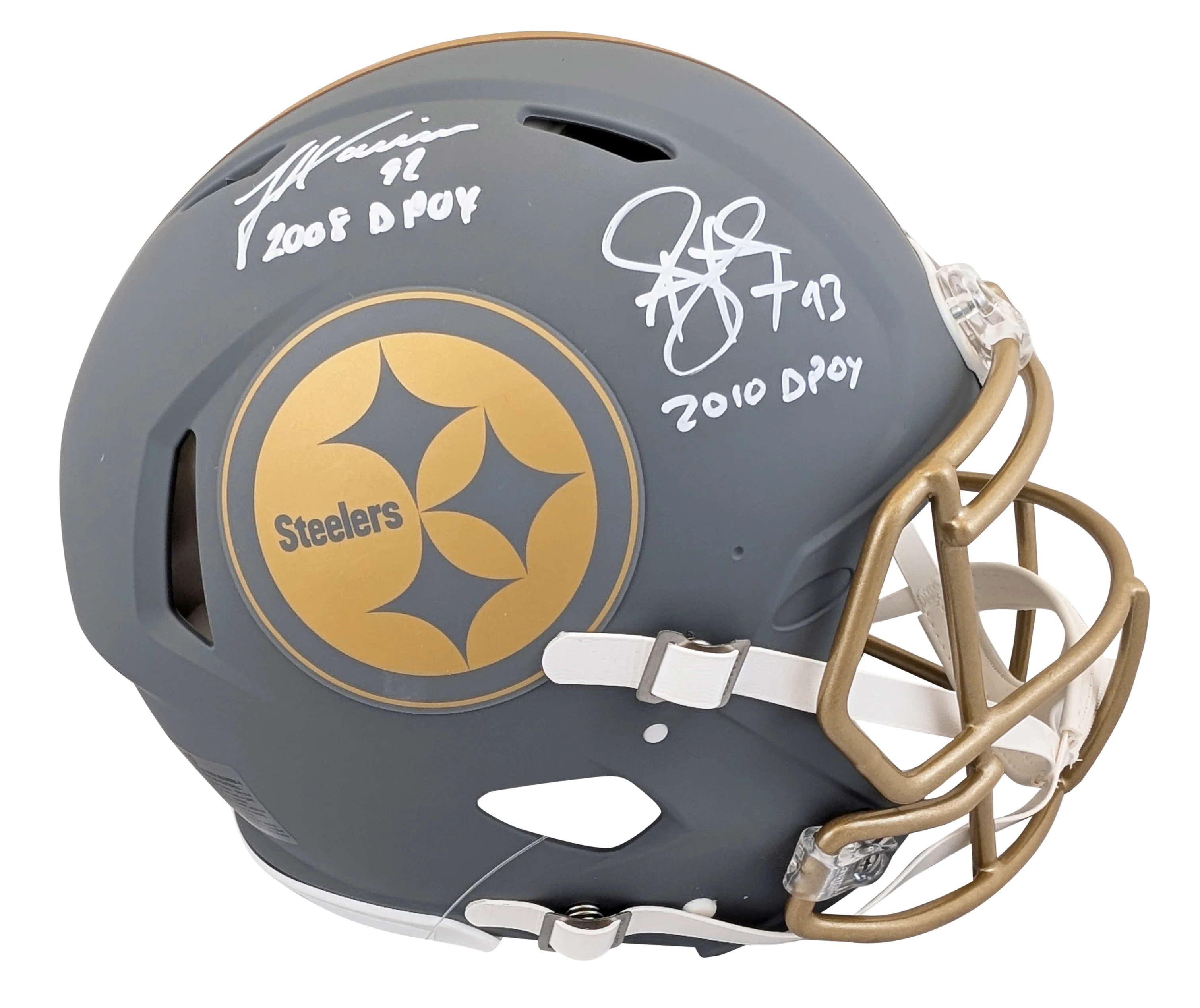 Steelers Harrison & Polamalu "DPOY" Signed Slate F/S Speed Proline Helmet BAS W - Image 2
