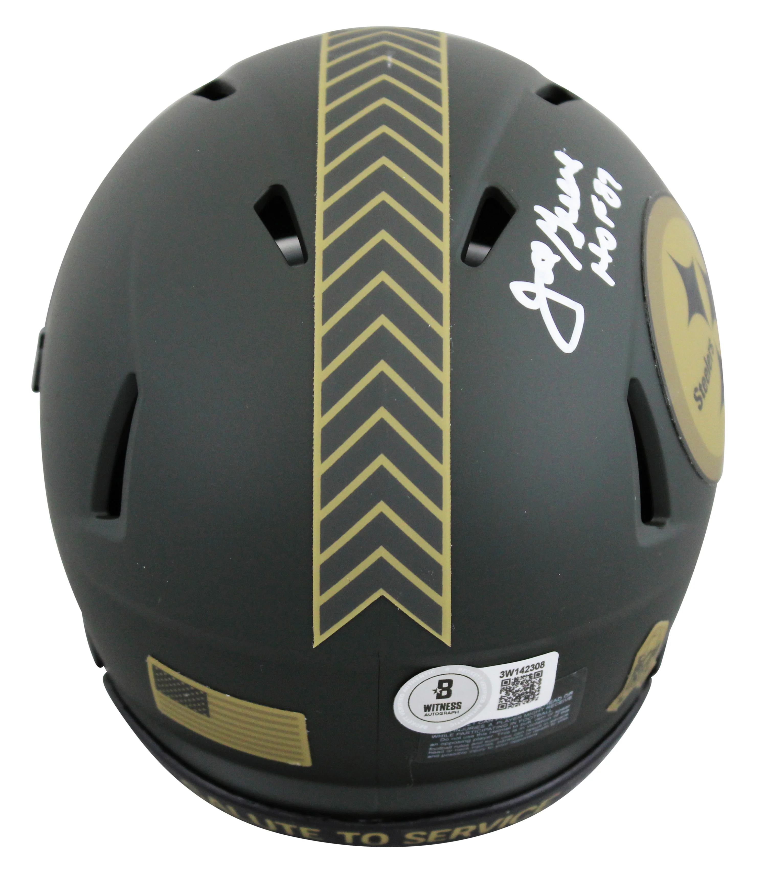 Steelers Joe Greene "HOF 87" Signed Salute to Service IV Speed Mini Helmet BAS W - Image 3