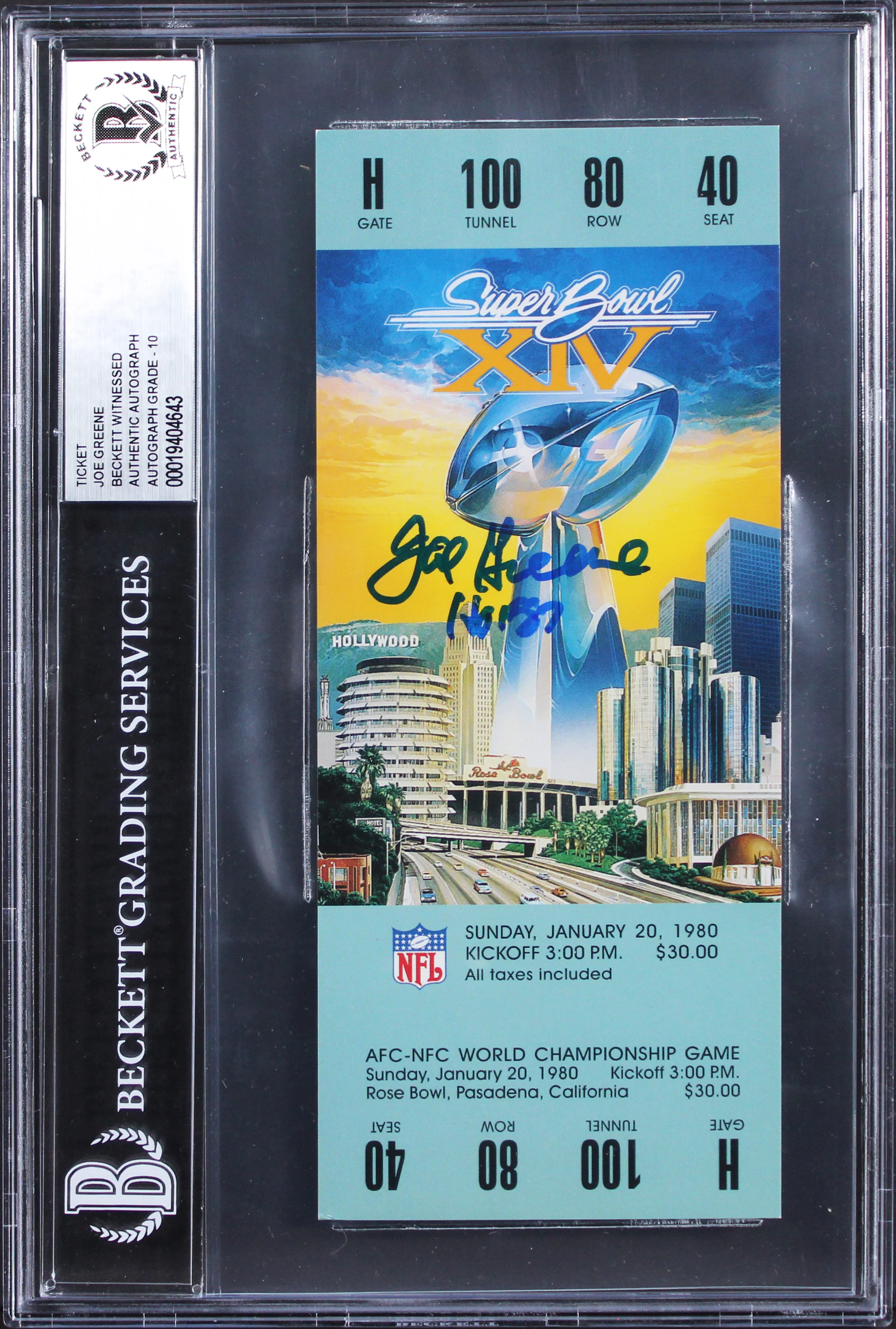 Steelers Joe Greene "HOF 87" Signed SB XIV Replica Ticket Stub Auto 10! BAS Slab - Image 2