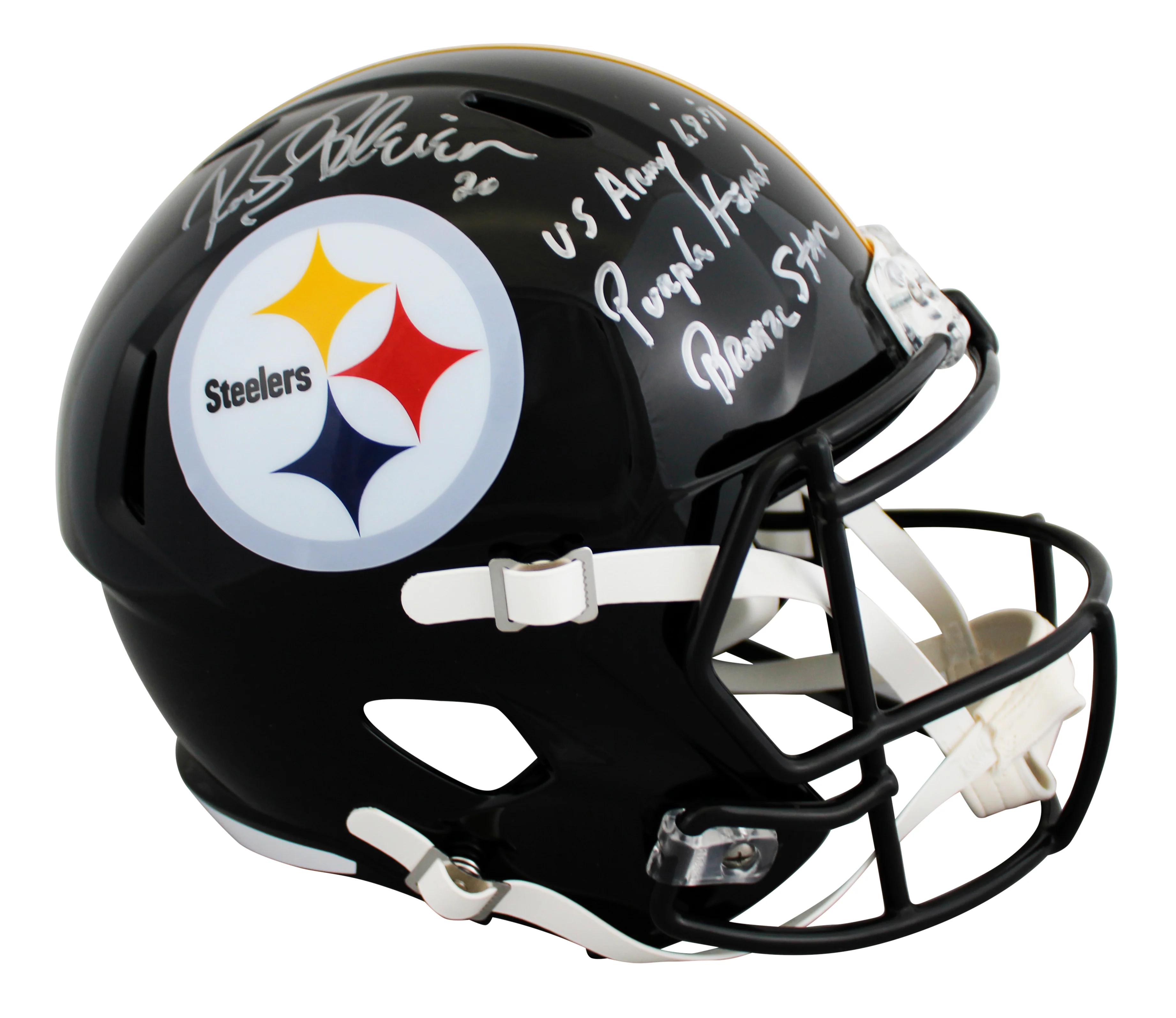 Steelers Rocky Bleier "3x Insc" Signed Full Size Speed Rep Helmet BAS Witnessed - Image 2