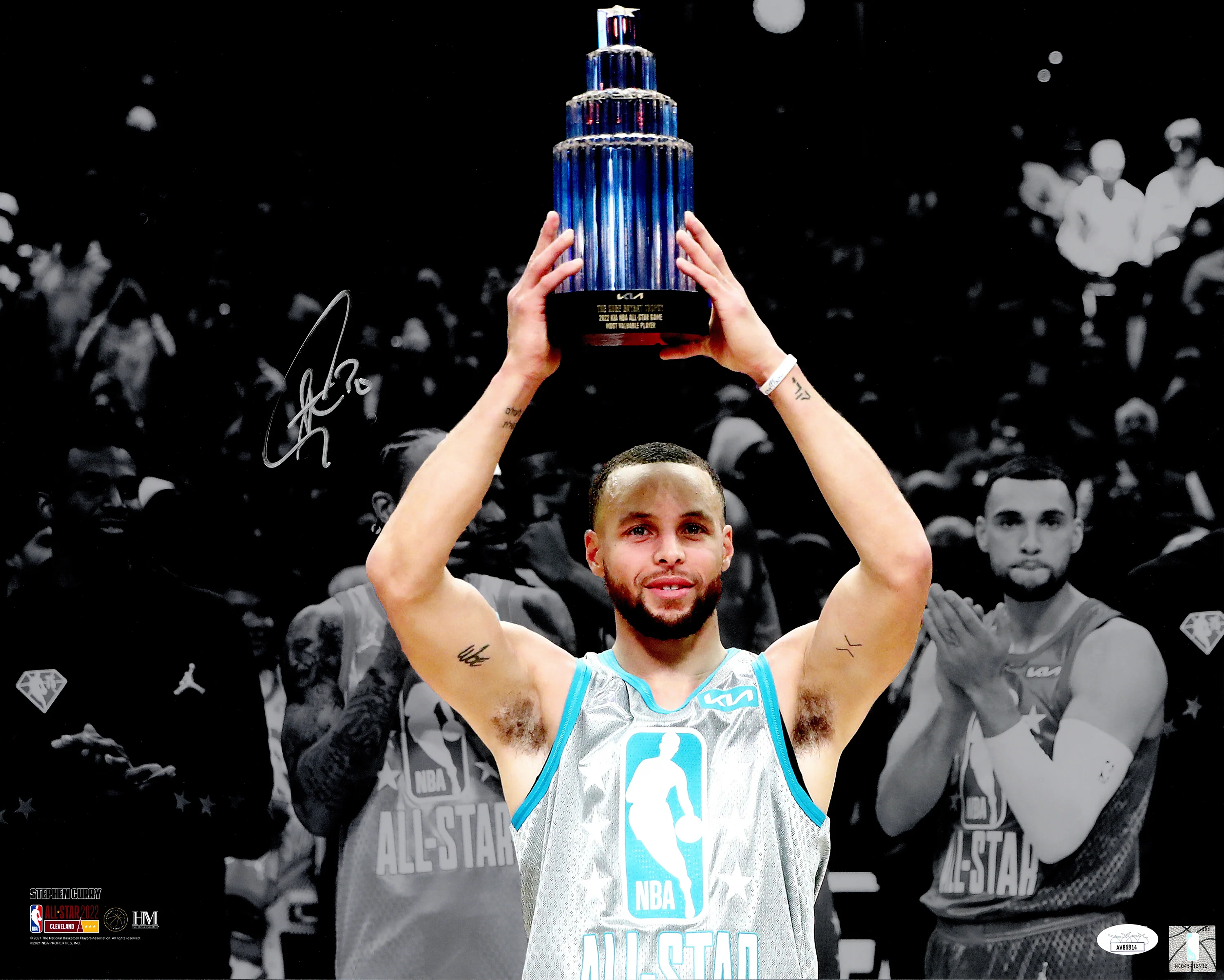 Stephen Curry Autographed 16x20 Photo Golden State Warriors All Star Game MVP Trophy JSA Stock #235687