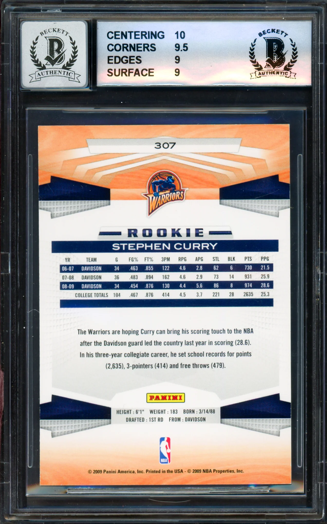 Stephen Curry Autographed 2009-10 Panini Rookie Card #307 Golden State Warriors BGS 9 Auto Grade Gem Mint 10 (Aftermarket Sticker) Beckett BAS #18113336 - Image 2