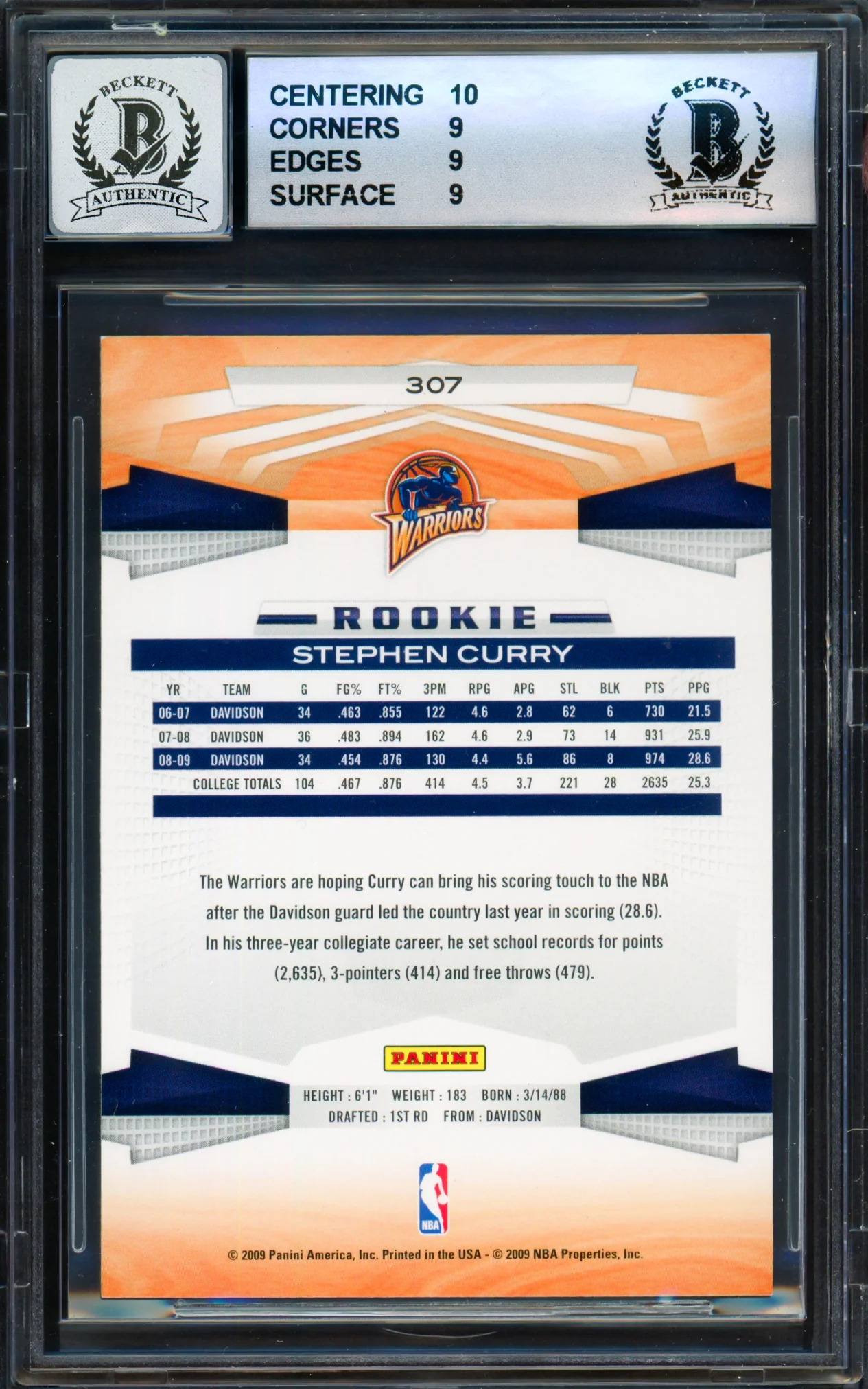 Stephen Curry Autographed 2009-10 Panini Rookie Card #307 Golden State Warriors BGS 9 Auto Grade Gem Mint 10 (Aftermarket Sticker) Beckett BAS #18113339 - Image 2