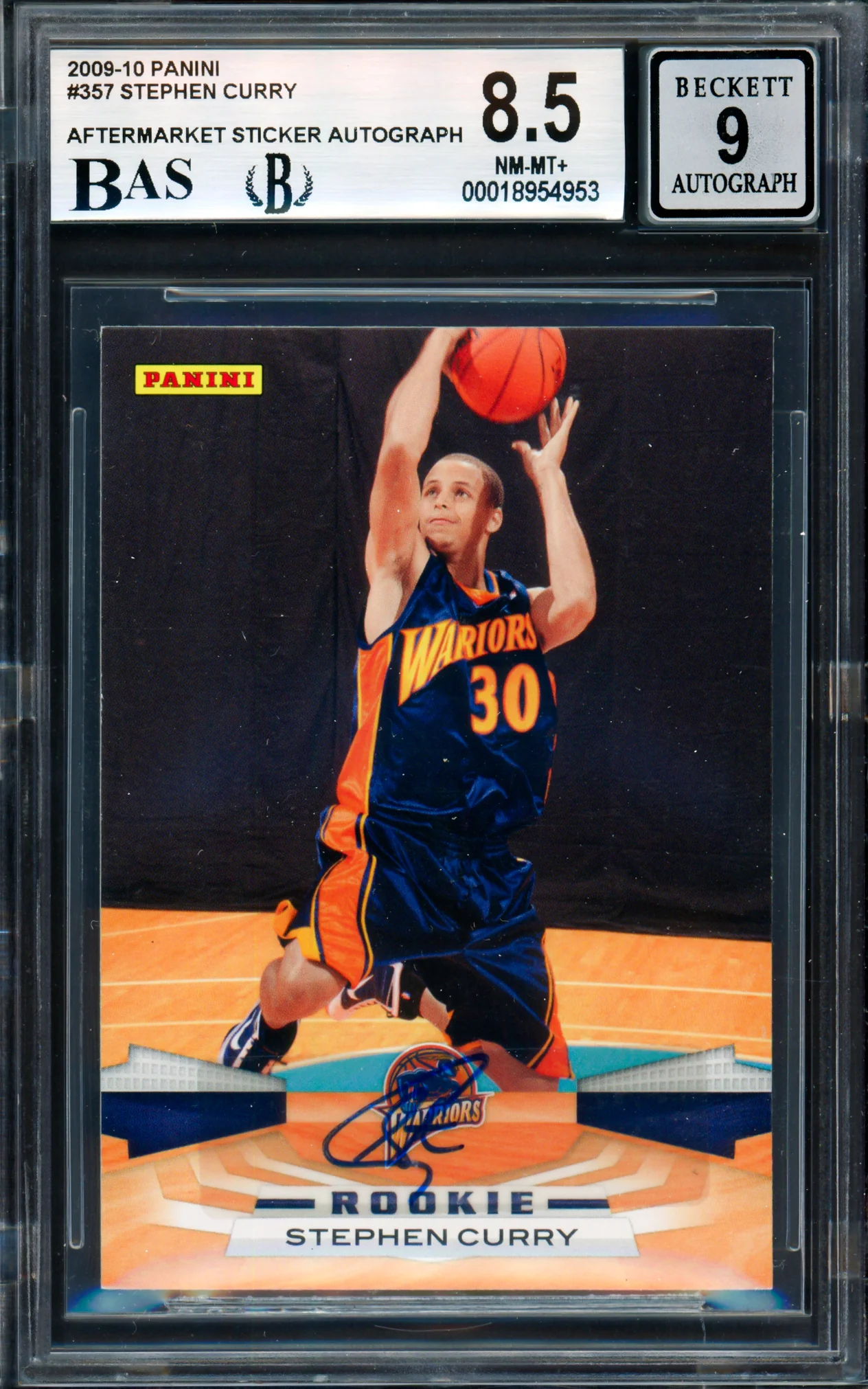 Stephen Curry Autographed 2009-10 Panini Rookie Card #357 Golden State Warriors BGS 8.5 Auto Grade Mint 9 (Aftermarket Sticker) Beckett BAS #18954953