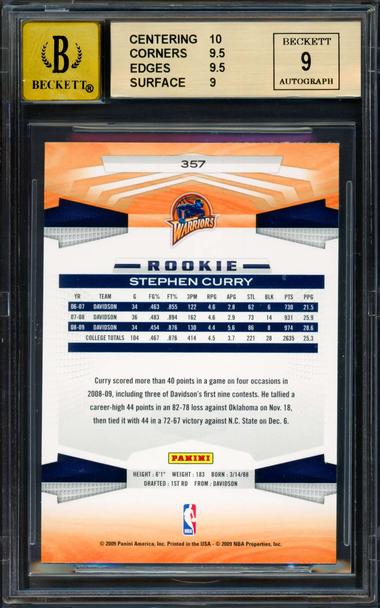 Stephen Curry Autographed 2009-10 Panini Rookie Card #357 Golden State Warriors BGS 9.5 Auto Grade Gem Mint 10 Beckett BAS #18113386 - Image 2