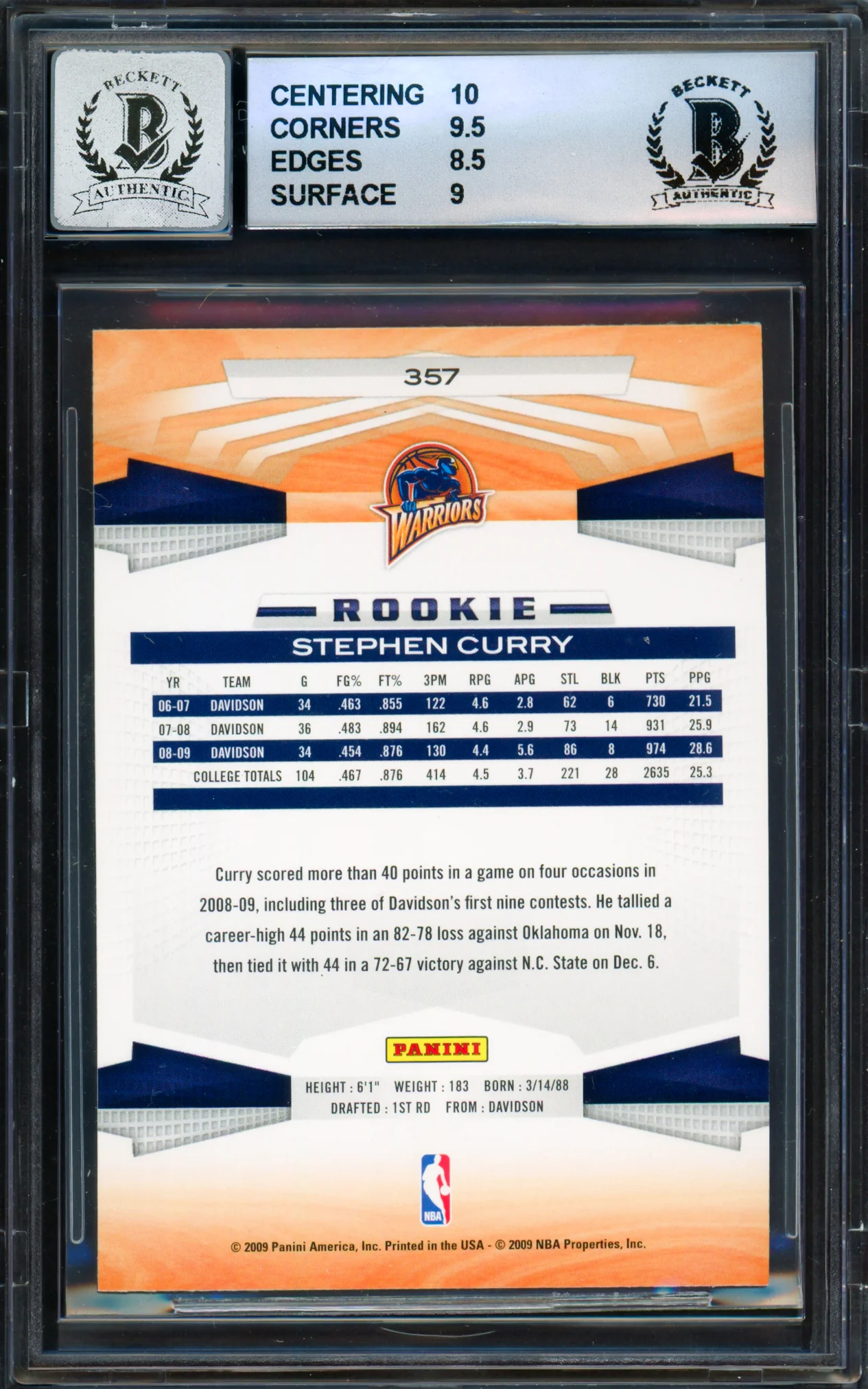 Stephen Curry Autographed 2009-10 Panini Rookie Card #357 Golden State Warriors BGS 9 Auto Grade Gem Mint 10 (Aftermarket Sticker) Beckett BAS #18113333 - Image 2