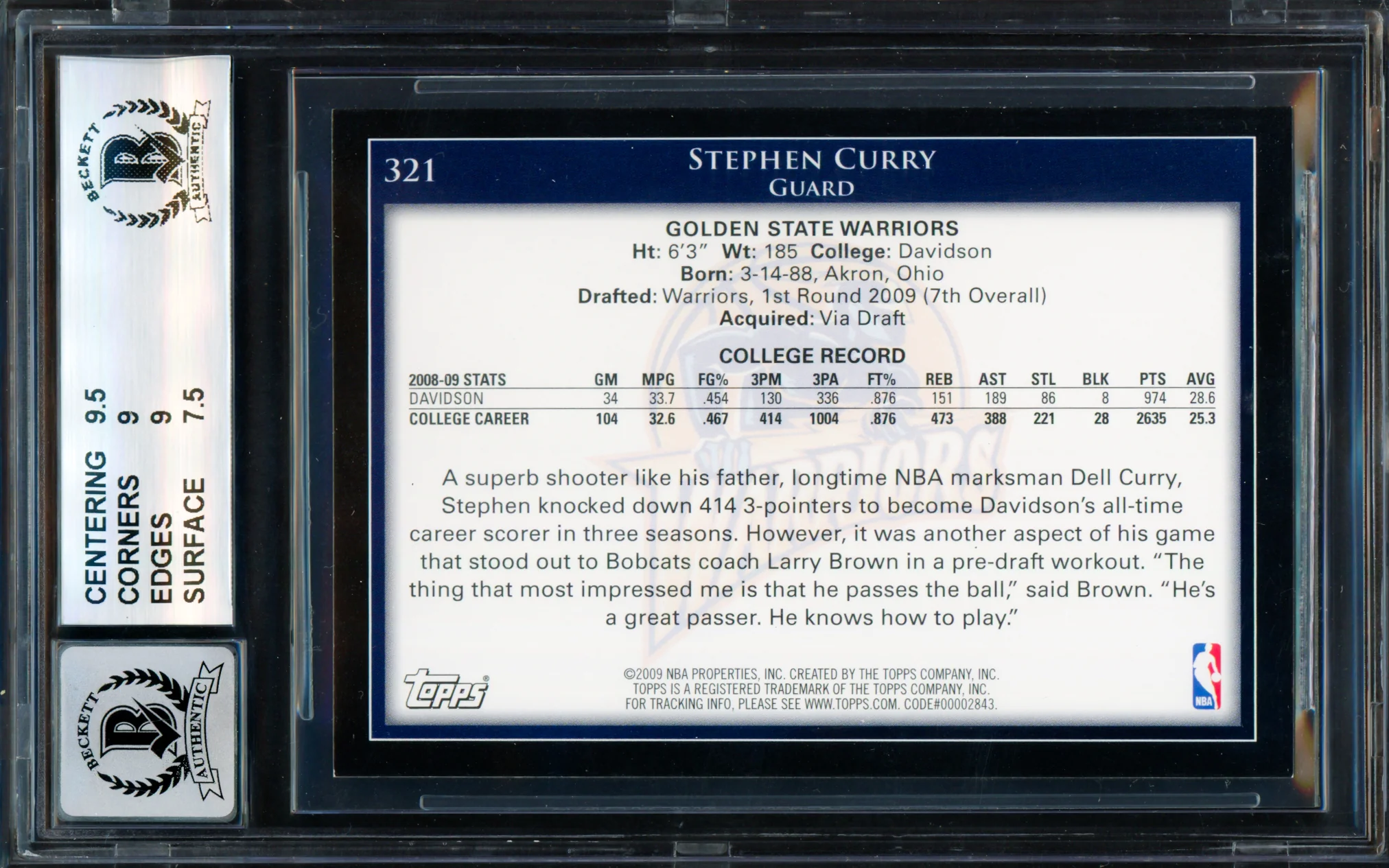 Stephen Curry Autographed 2009-10 Topps Rookie Card #321 Golden State Warriors BGS 8.5 Auto Grade Mint 9 Beckett BAS #18954995 - Image 2