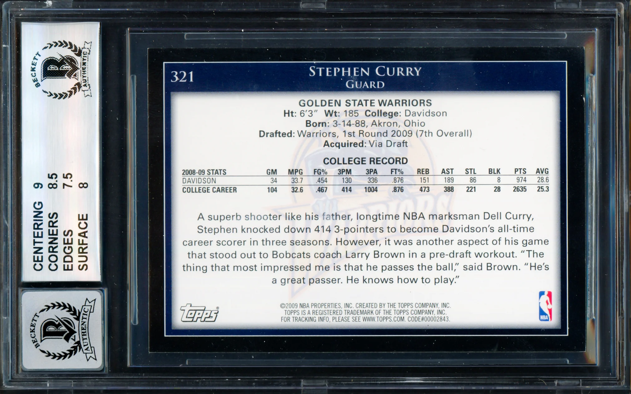 Stephen Curry Autographed 2009-10 Topps Rookie Card #321 Golden State Warriors BGS 8 Auto Grade Mint 9 Beckett BAS #18955001 - Image 2