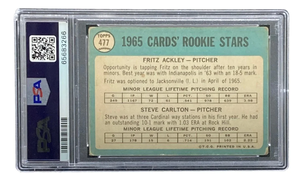 Steve Carlton Signed Cardinals 1965 Topps #477 Rookie Card PSA/DNA VG 3 Auto 10 - Image 2