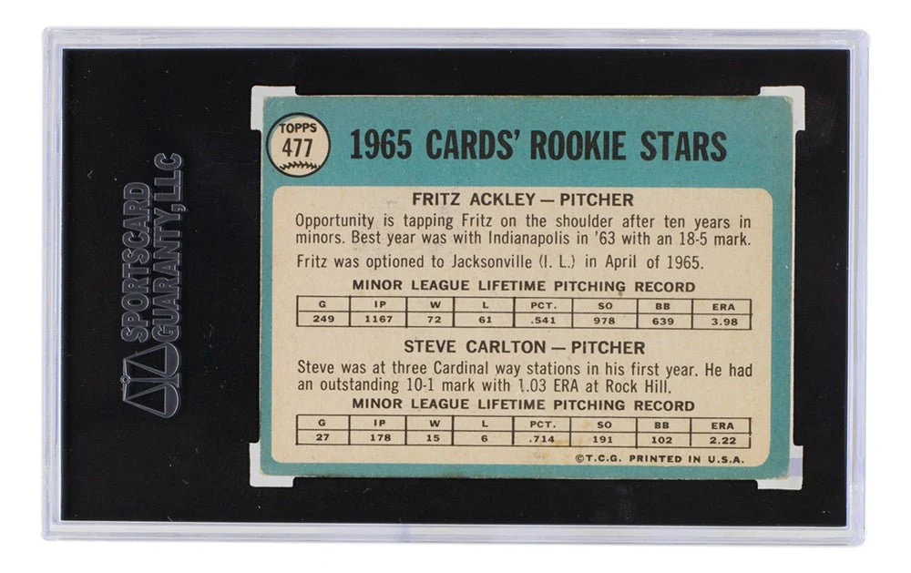 Steve Carlton Signed Cardinals 1965 Topps #477 Rookie Baseball Card SGC - Image 2