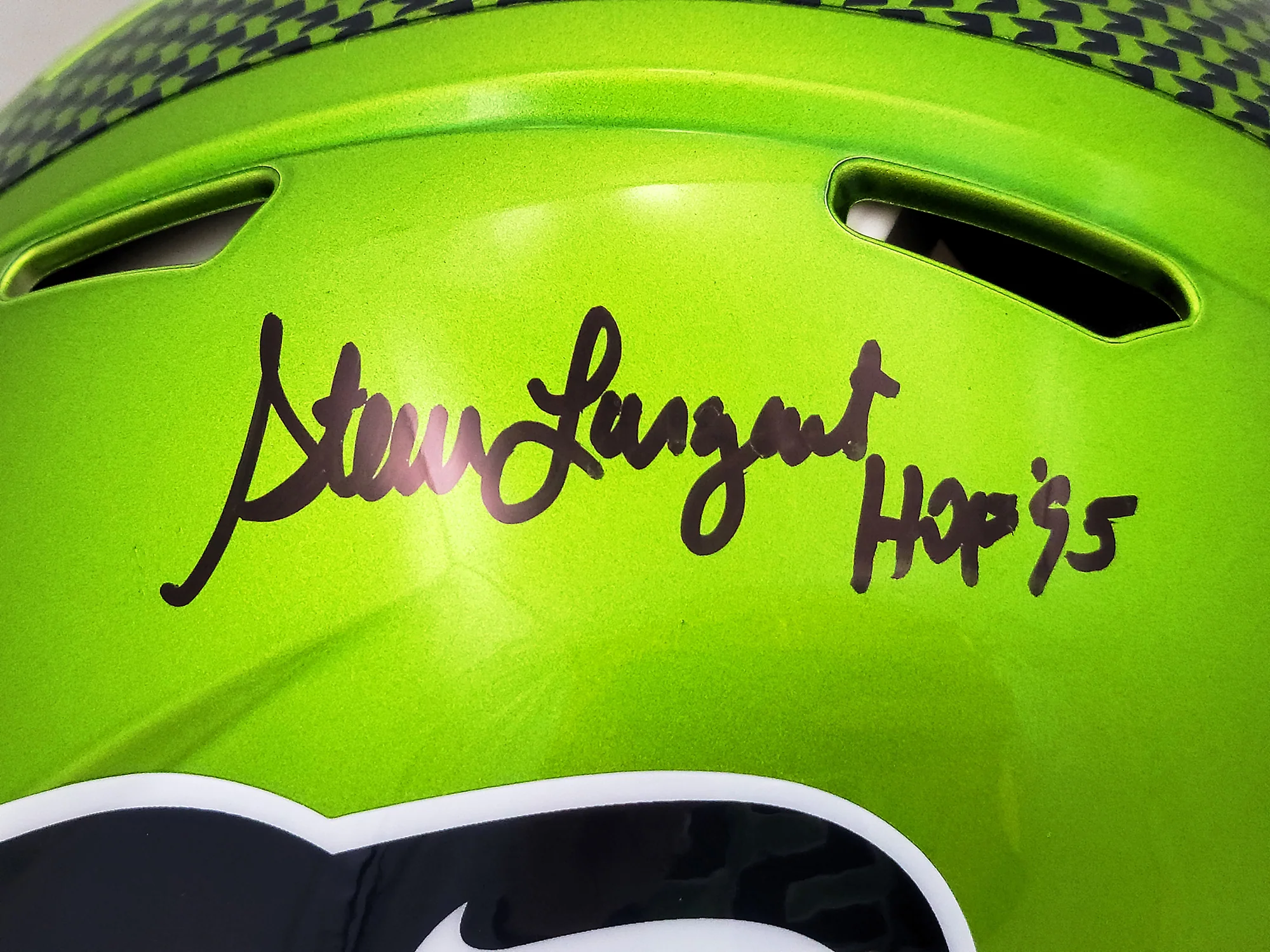 Steve Largent Autographed Seattle Seahawks Flash Green Full Size Authentic Speed Helmet "HOF 95" MCS Holo Stock #210459 - Image 2