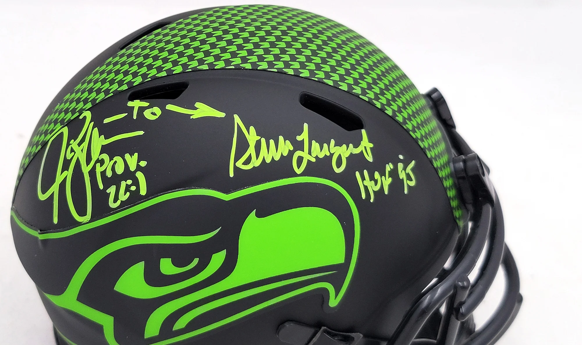 Steve Largent & Jim Zorn Autographed Seattle Seahawks Eclipse Black Speed Mini Helmet MCS Holo Stock #211064 - Image 2