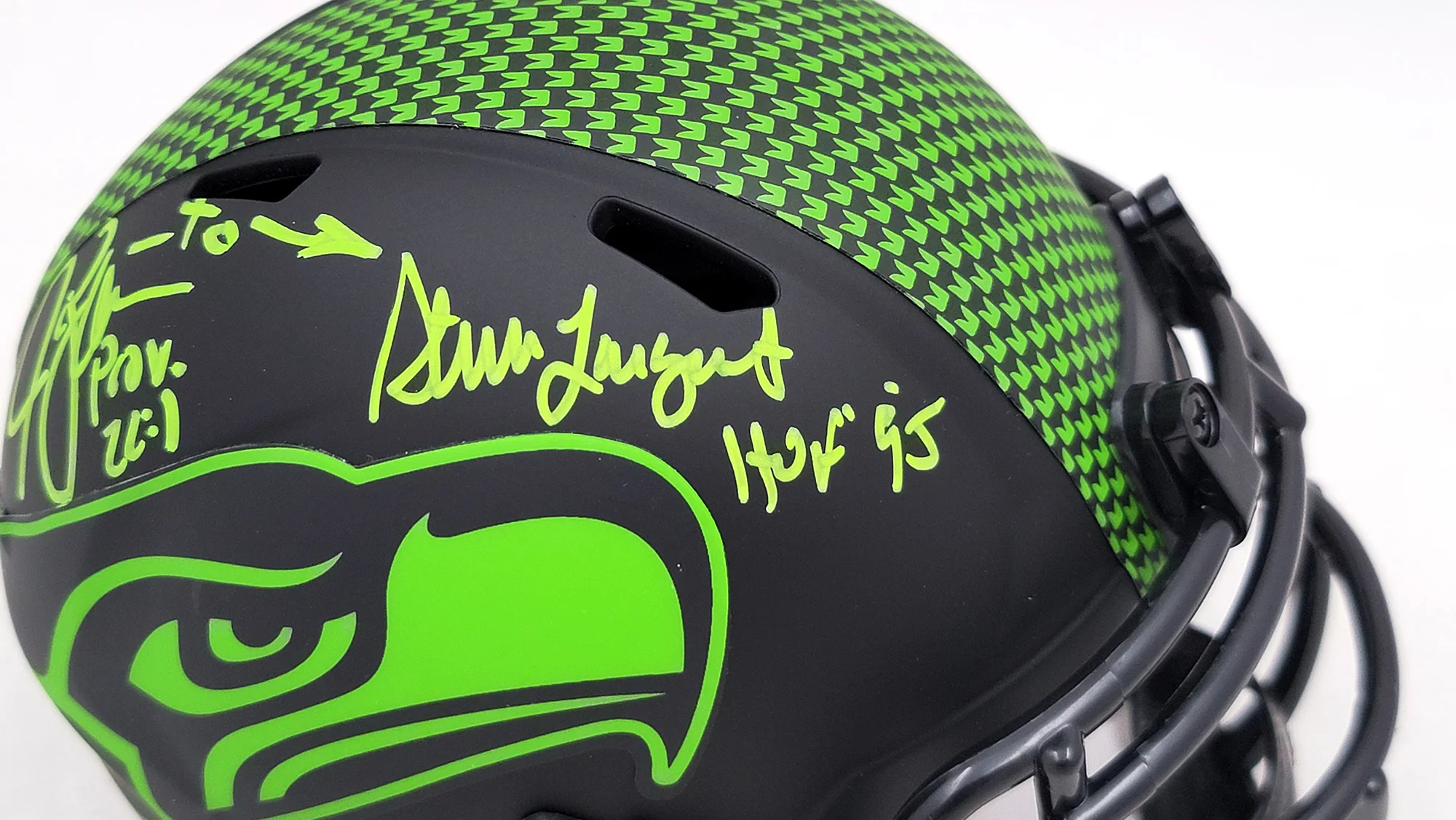 Steve Largent & Jim Zorn Autographed Seattle Seahawks Eclipse Black Speed Mini Helmet MCS Holo Stock #211064 - Image 3