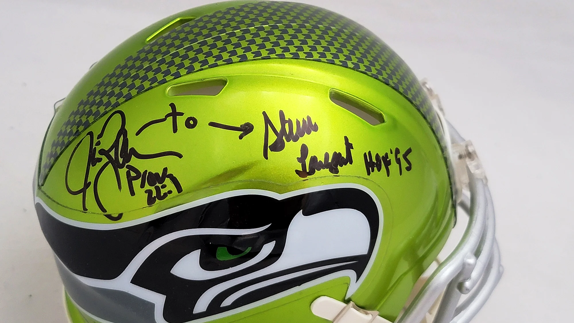 Steve Largent & Jim Zorn Autographed Seattle Seahawks Flash Green Speed Mini Helmet MCS Holo Stock #211062 - Image 2