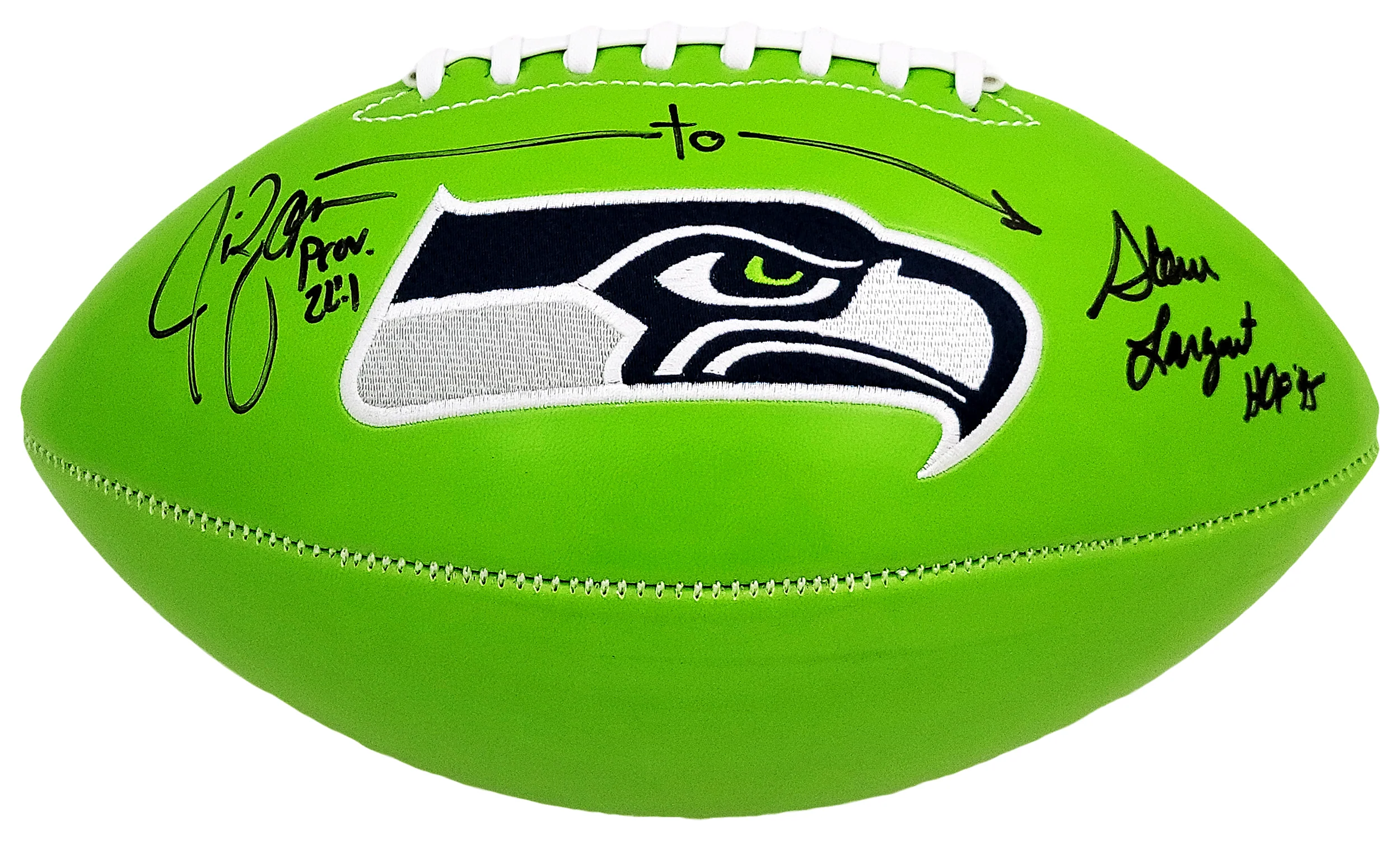 Steve Largent & Jim Zorn Autographed Seattle Seahawks Green Logo Football MCS Holo Stock #210467 - Image 2