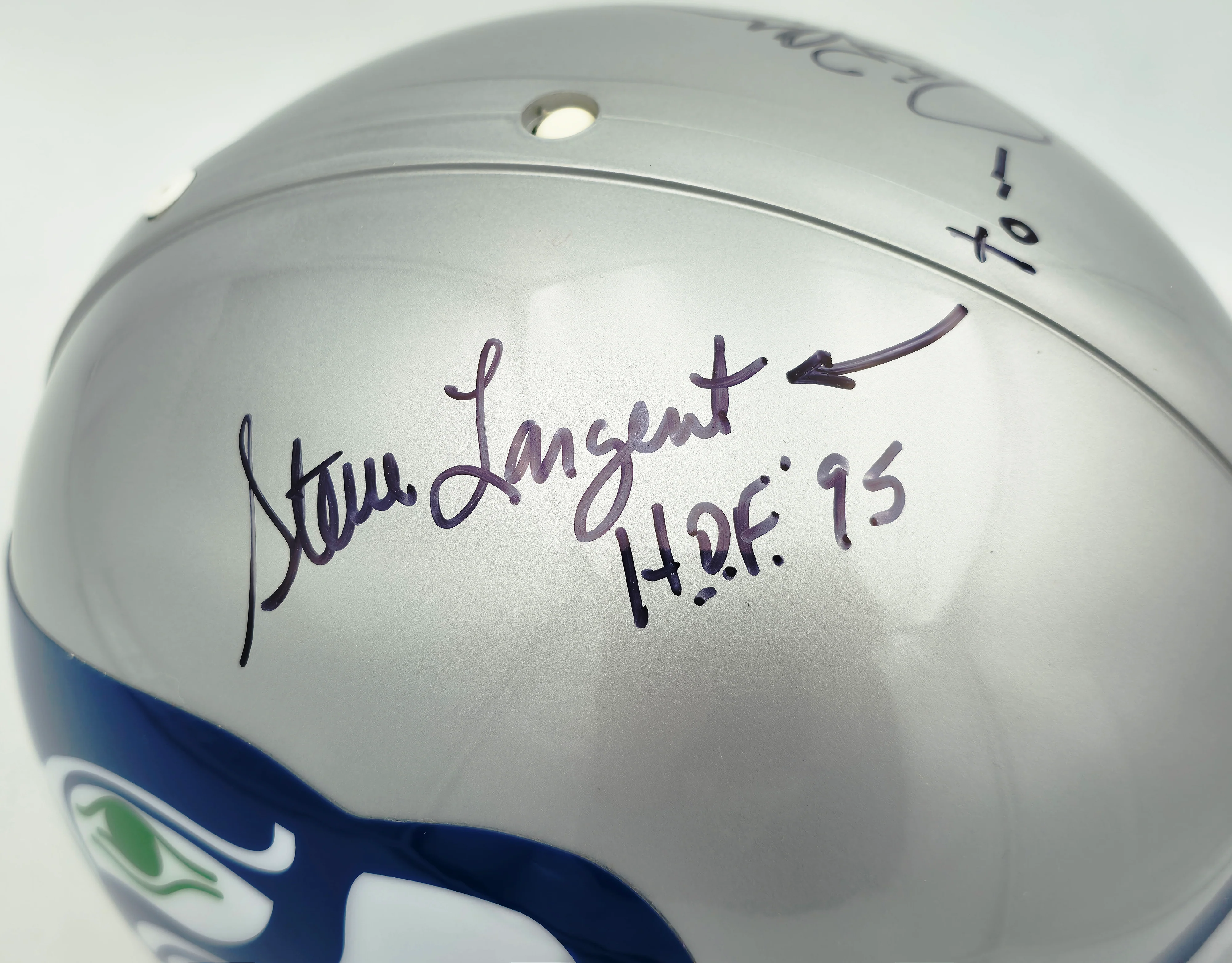 Steve Largent & Jim Zorn Autographed Seattle Seahawks Silver Authentic Full Size Helmet "HOF 95, To Arrow" MCS Holo #63696 - Image 3