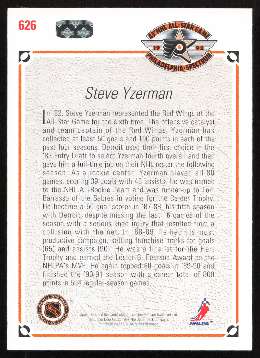 Steve Yzerman Autographed 1991-92 Upper Deck Card #626 Detroit Red Wings SKU #259690 - Image 2