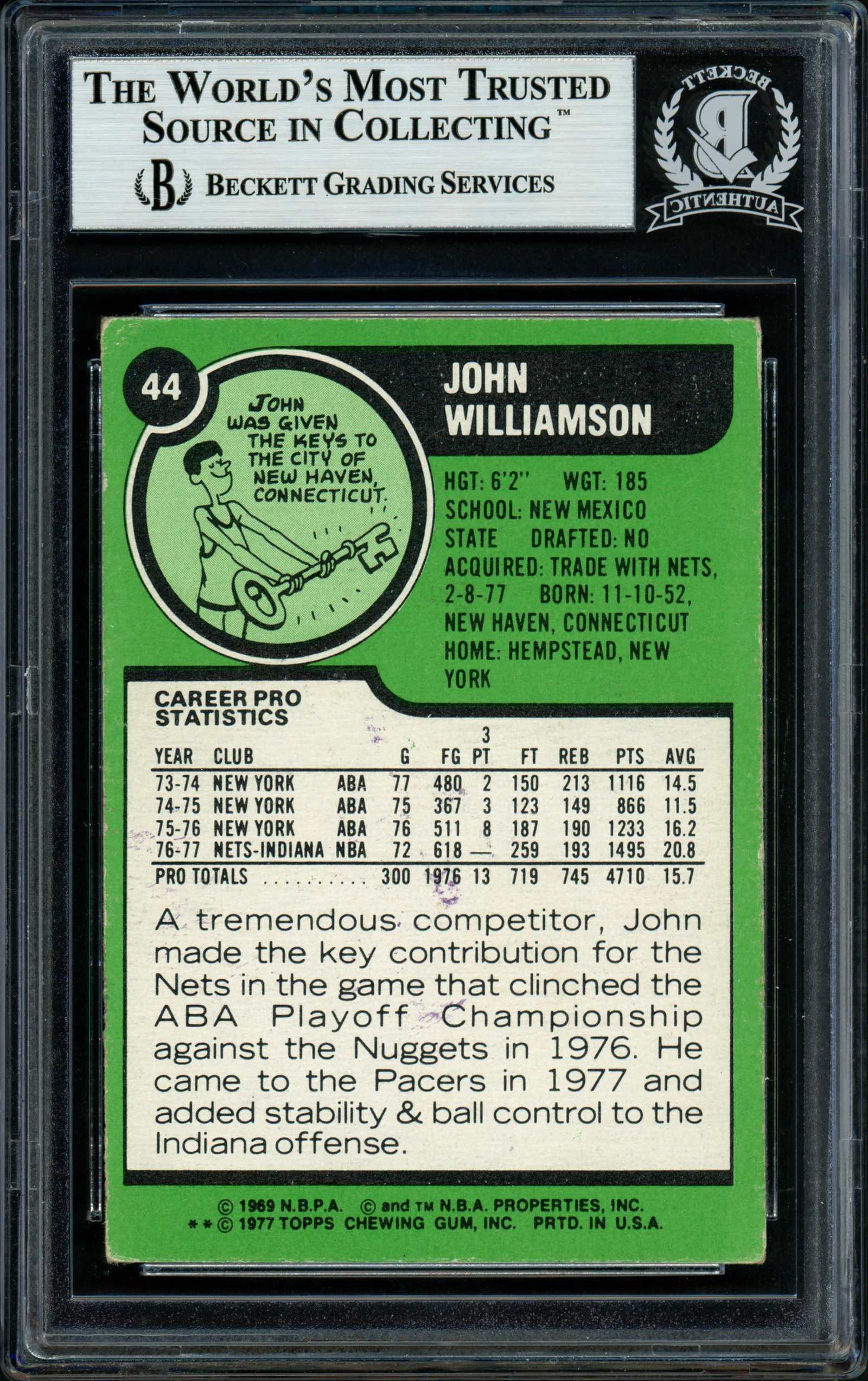 Super John Williamson Autographed 1977-78 Topps Card #44 New Jersey Nets Beckett BAS #11482193 - Image 2