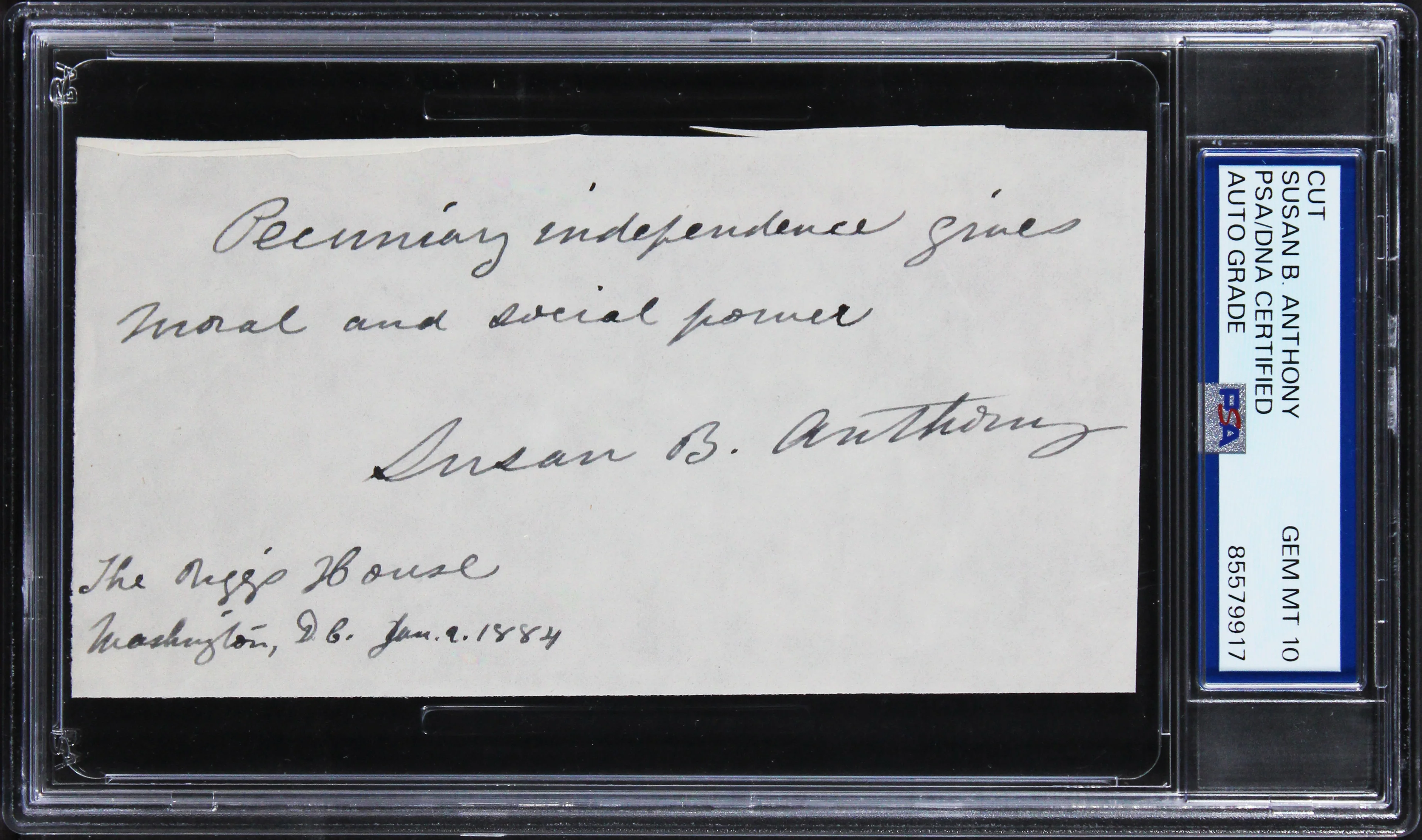 Susan B. Anthony "moral and social power" Signed 2.75x5.5 Cut Auto 10! PSA Slab - Image 2