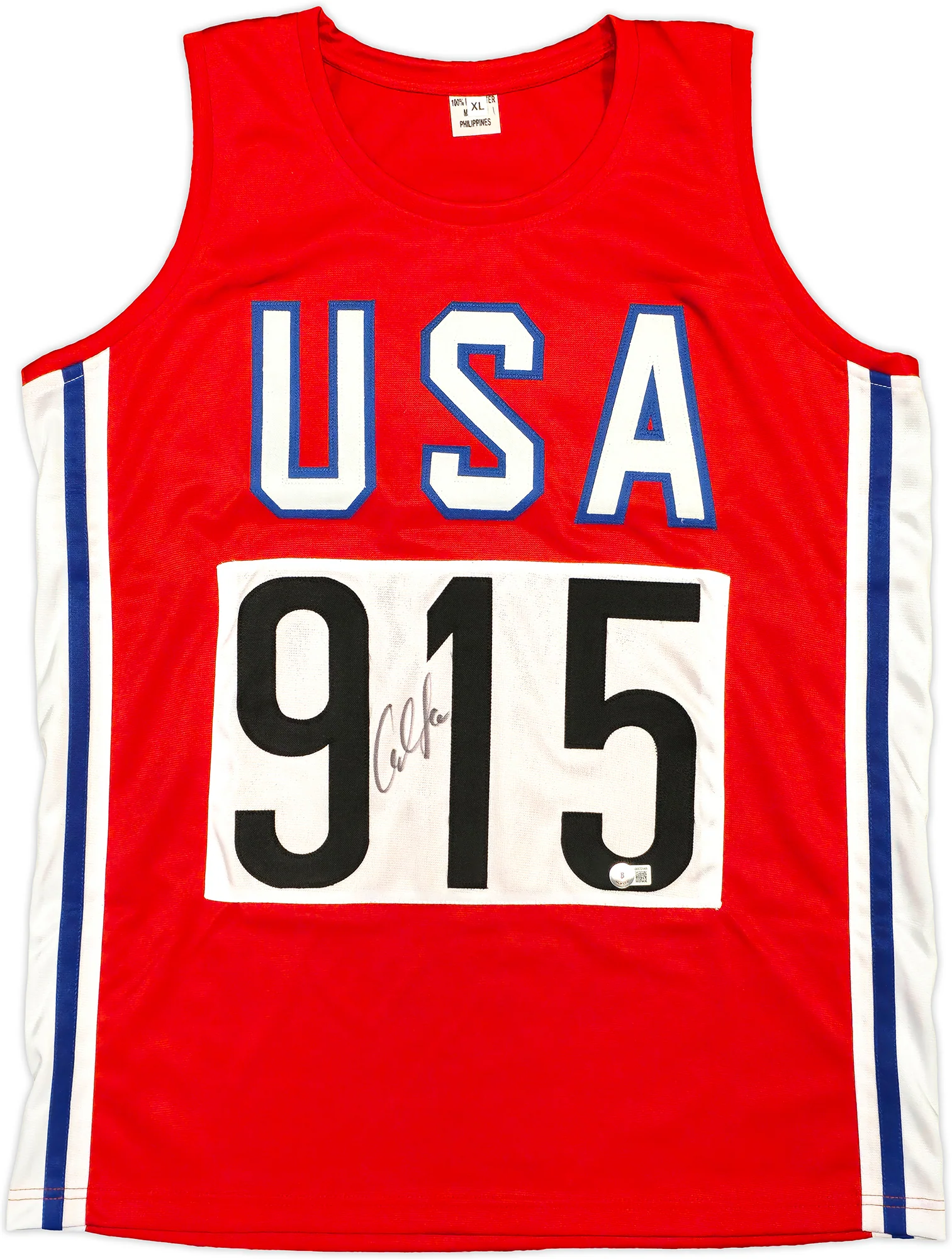 Team USA Carl Lewis Autographed Red, White and Blue Jersey Beckett BAS Witness Stock #227966 - Image 2