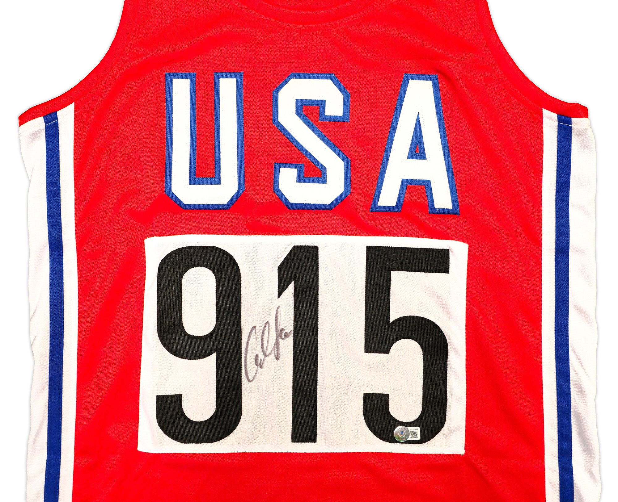 Team USA Carl Lewis Autographed Red, White and Blue Jersey Beckett BAS Witness Stock #227966 - Image 3