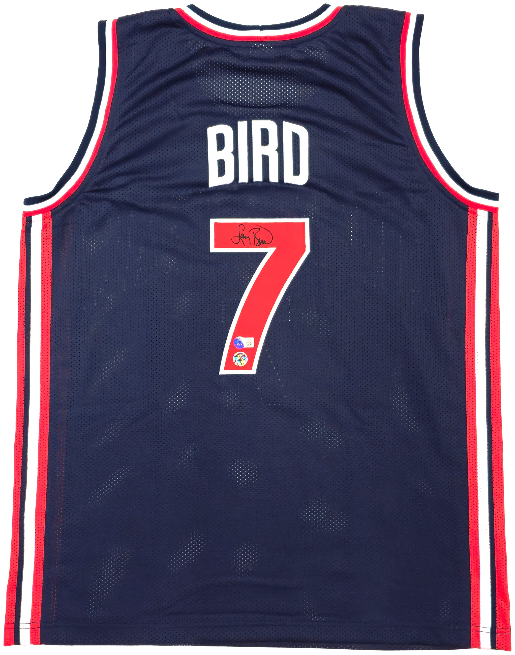 Team USA Larry Bird Autographed Blue Basketball Jersey Beckett BAS QR Stock #228094 - Image 2