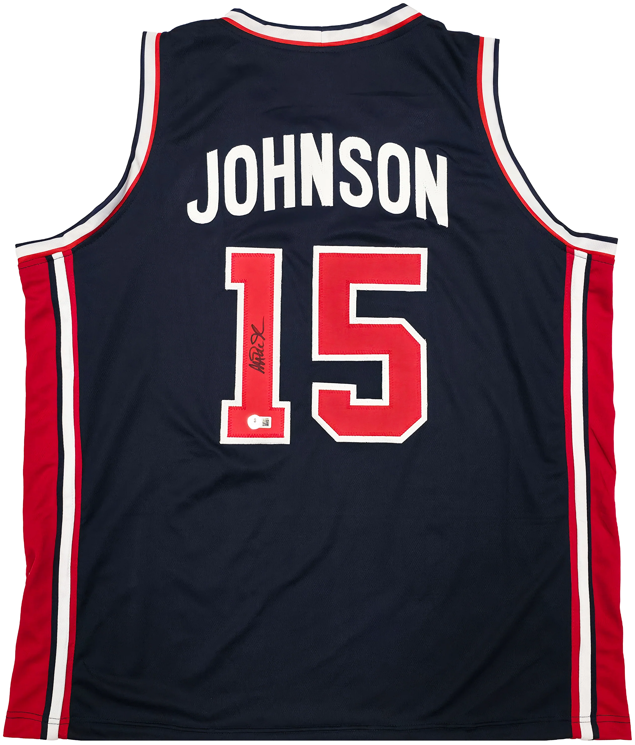 Team USA Magic Johnson Autographed Blue Jersey Beckett BAS QR Stock #259994 - Image 2