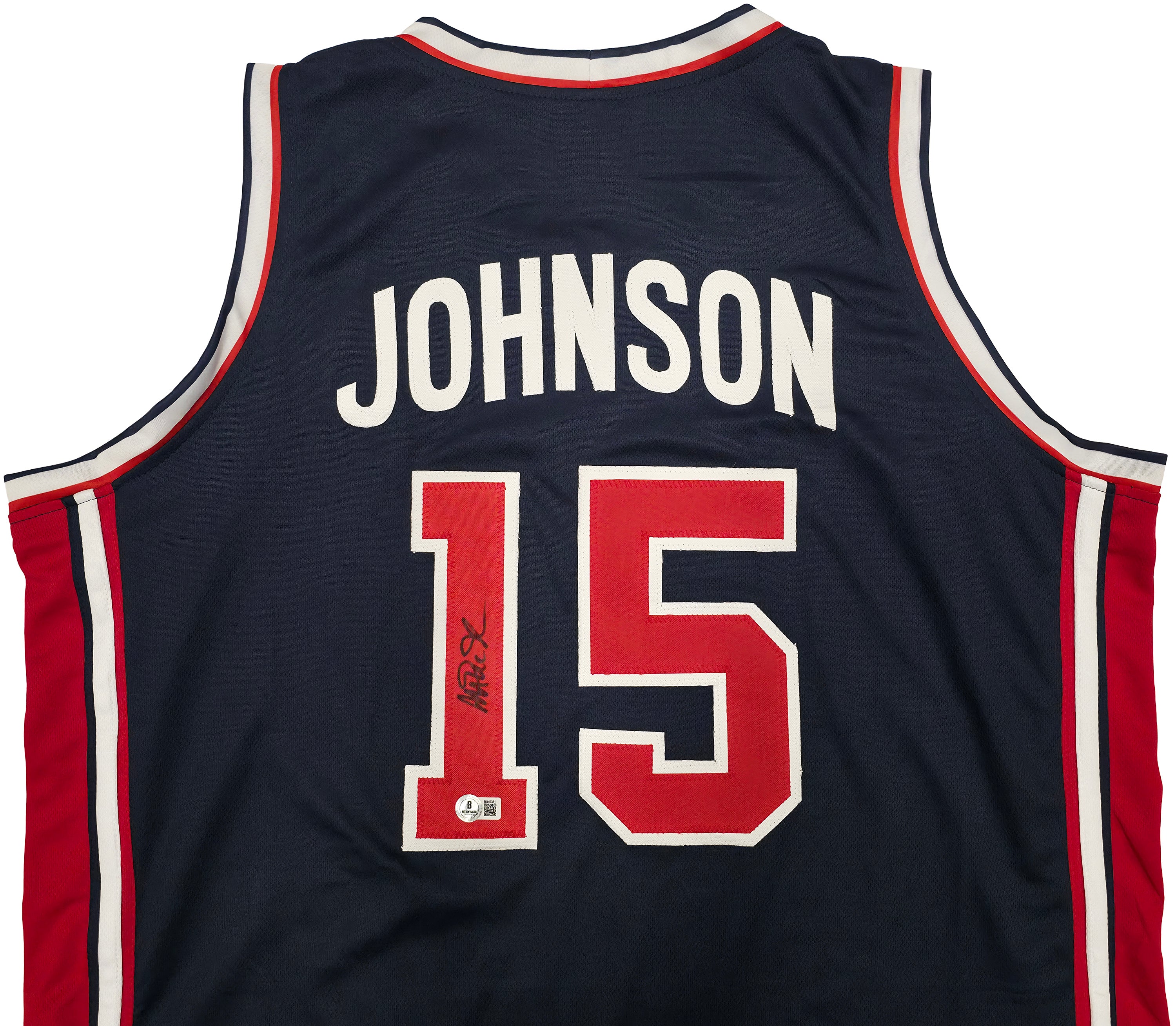 Team USA Magic Johnson Autographed Blue Jersey Beckett BAS QR Stock #259994 - Image 3